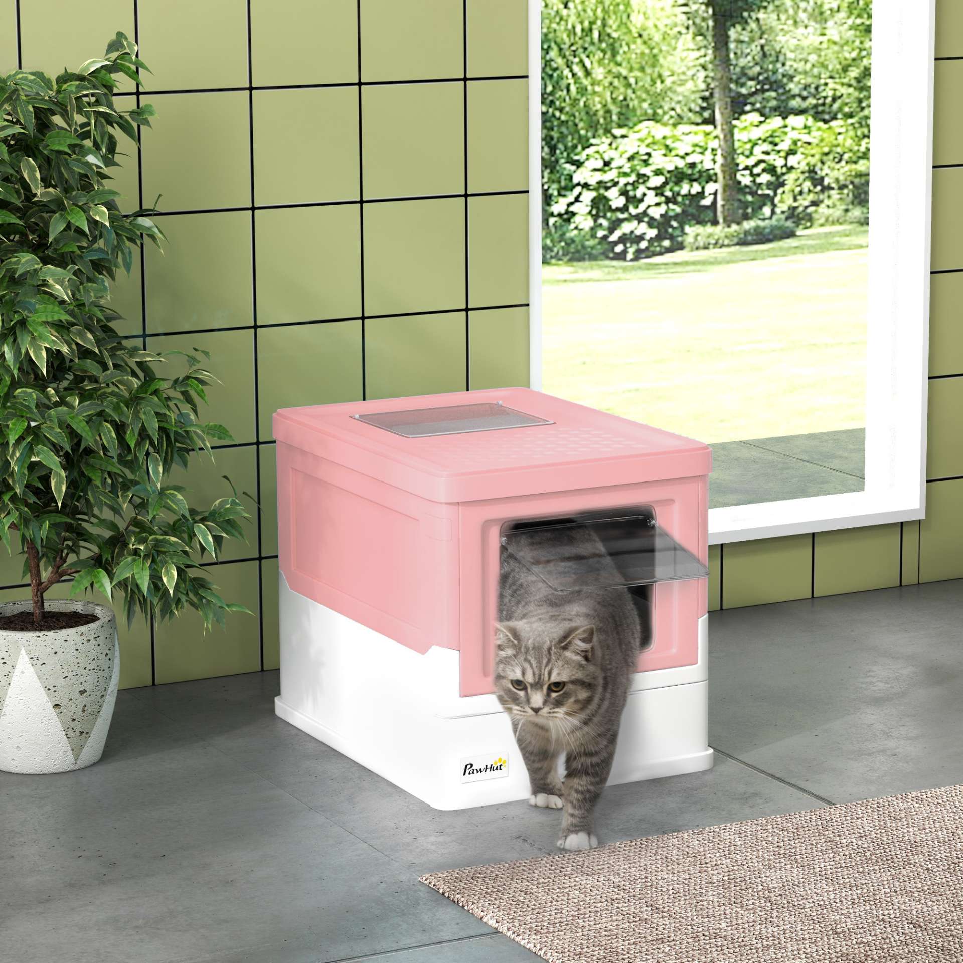 Maison de toilette pour chat pliable double porte battante et supérieure pelle fourni 47,5 x 35,5 x 36,7 cm rose - immagine 2
