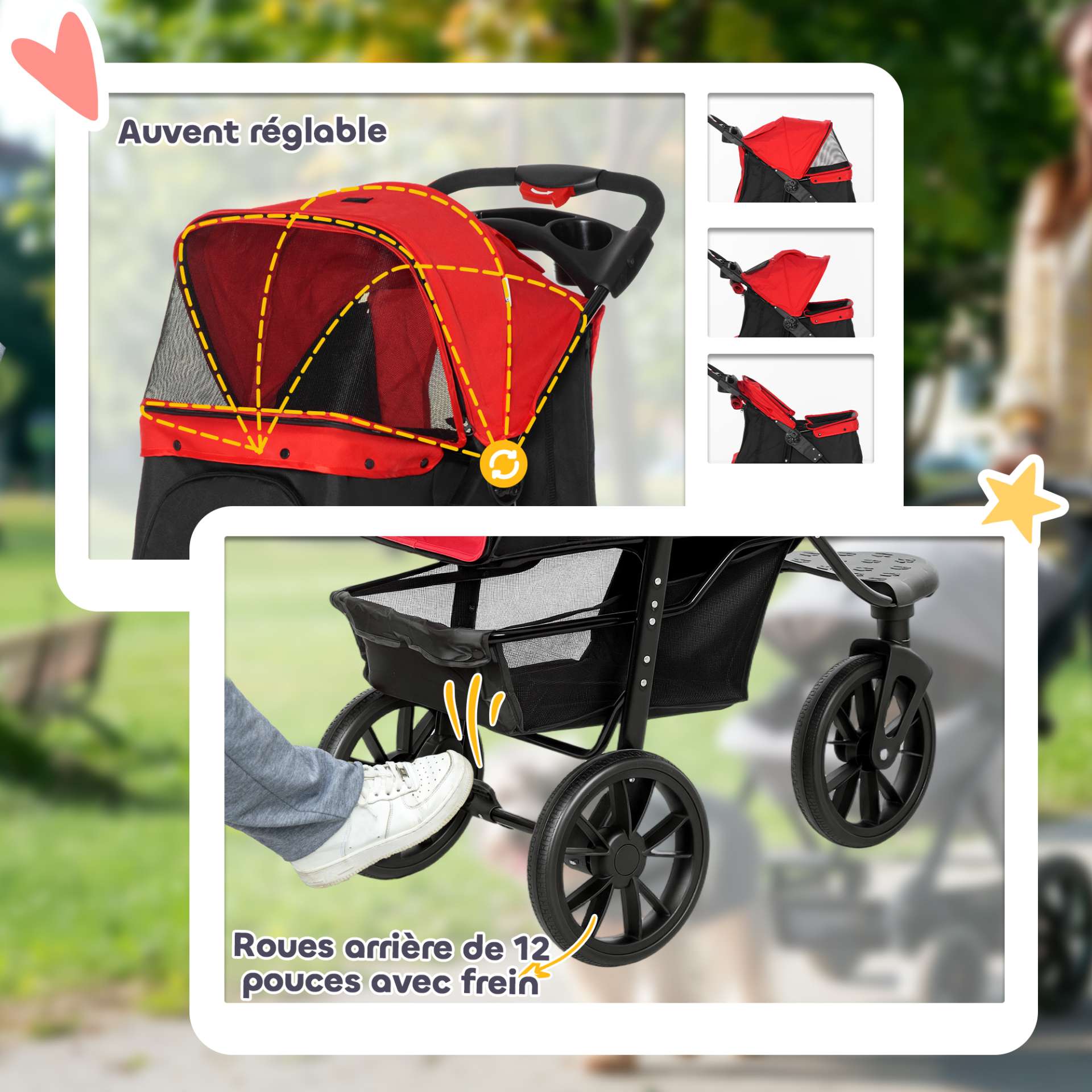 Poussette pour chien chariot pliable 3 roues tout-terrain EVA 12" auvent ajustable 2 laisses 109,5x57,5x106,5cm rouge - immagine 7