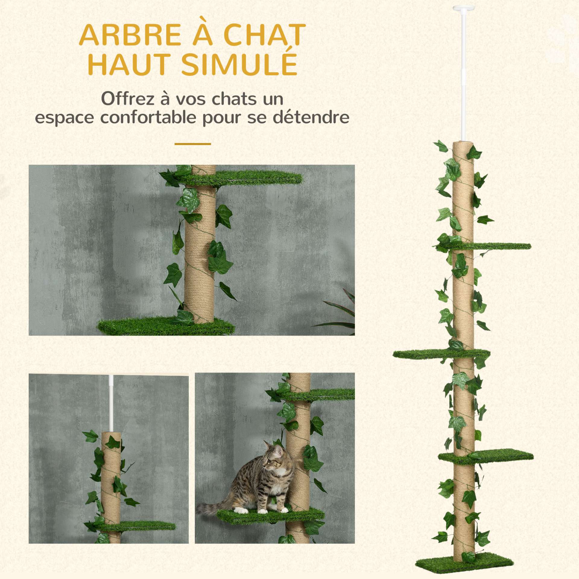 Arbre à chat poteau à griffer fixation plafond hauteur réglable 37 x 21 x 202- 242 cm 4 niveaux vert - immagine 4