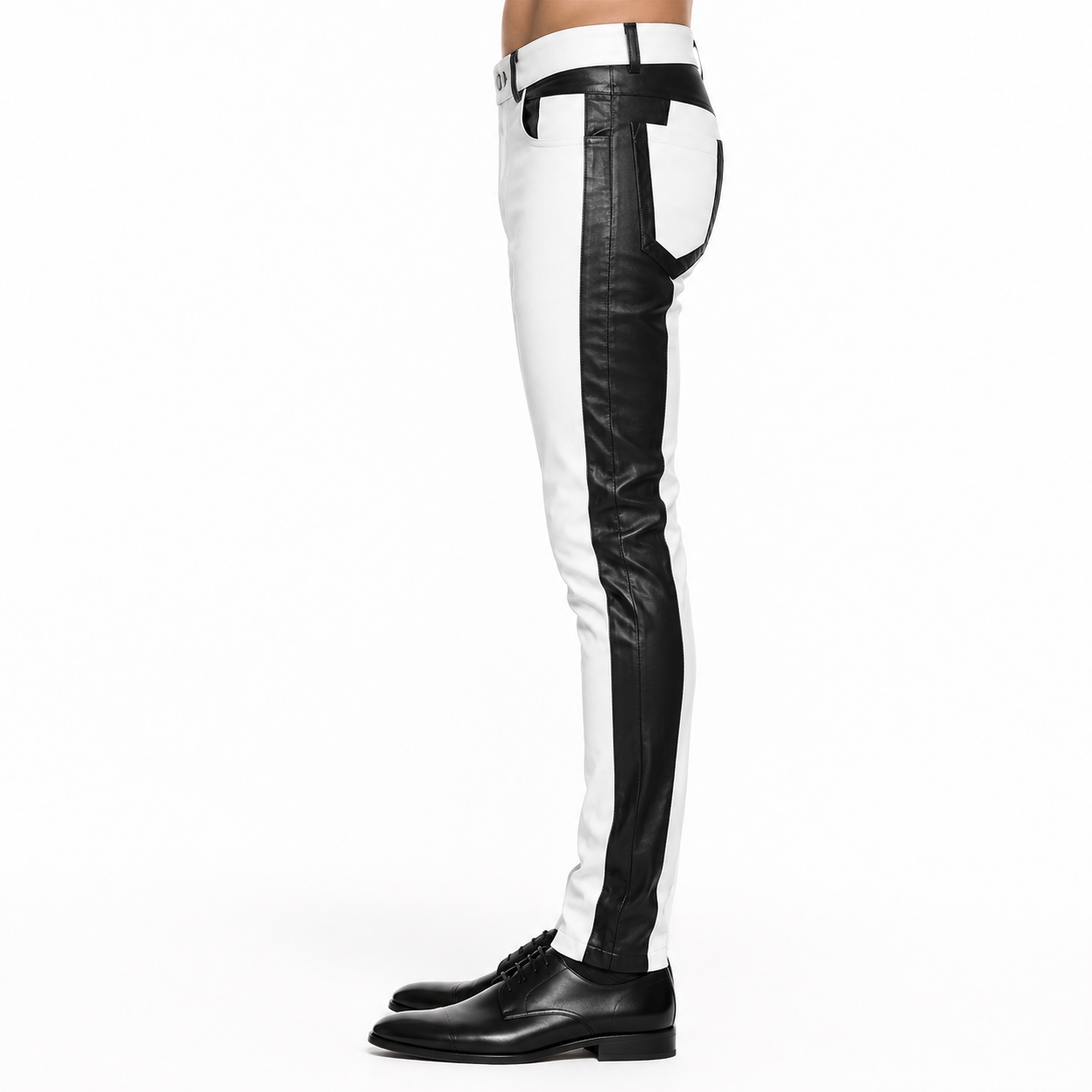 Men’s Black & White Leather Biker Pants - immagine 4