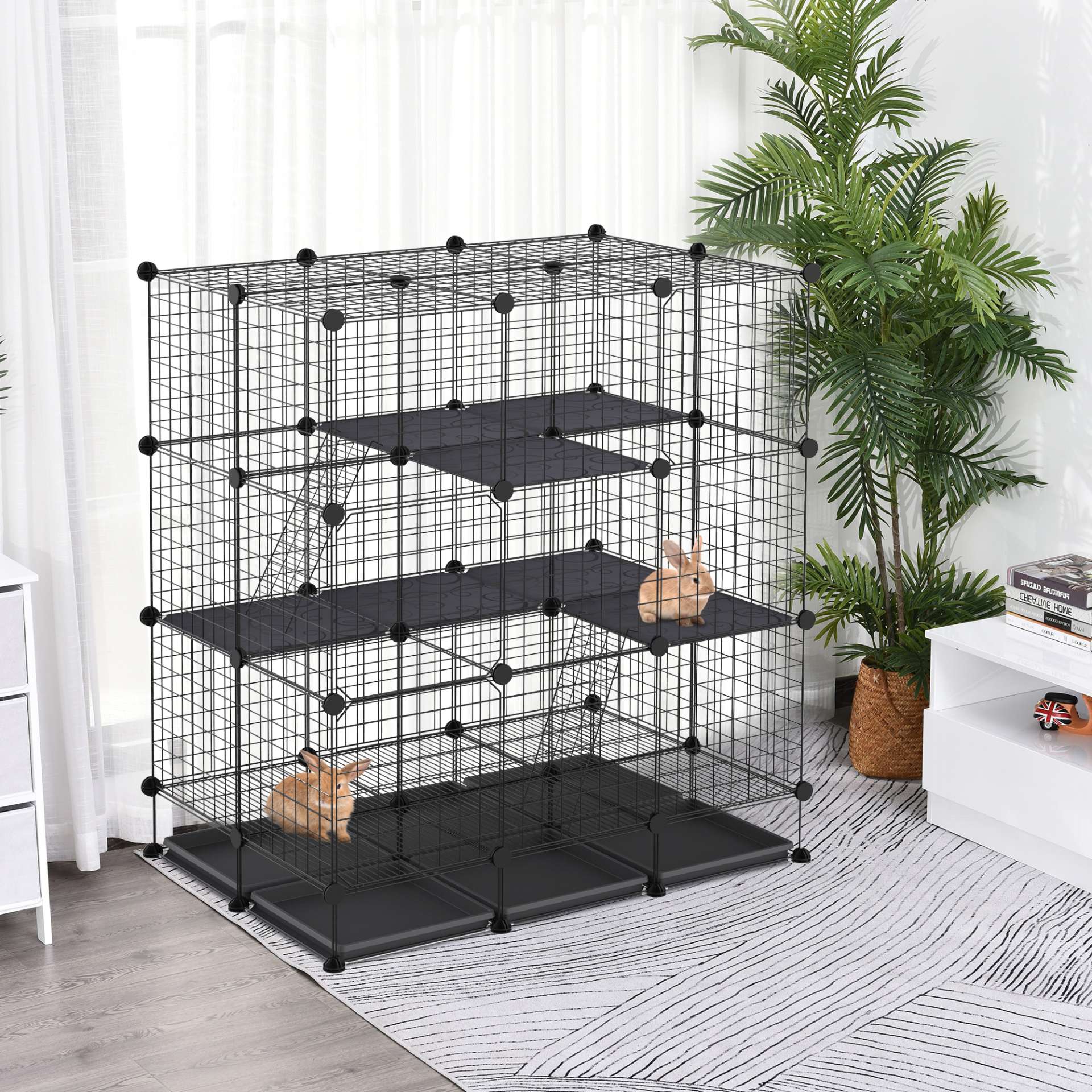 Cage parc enclos rongeurs modulable dim. L 111 x l 75 x H 119 cm 3 niveaux 4 portes fil métallique noir - immagine 2