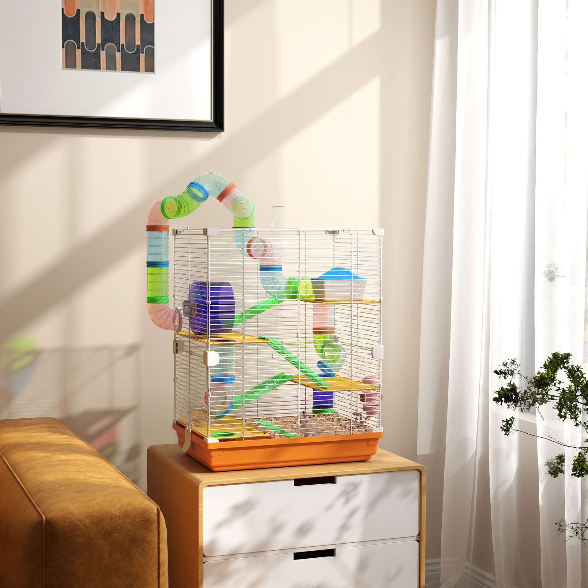 Cage pour hamster et gerbille à 5 étages, habitat sécurisé en grillage métallique avec tunnels, roue, maison et échelles, 46 x 30 x 58 cm, orange - immagine 2