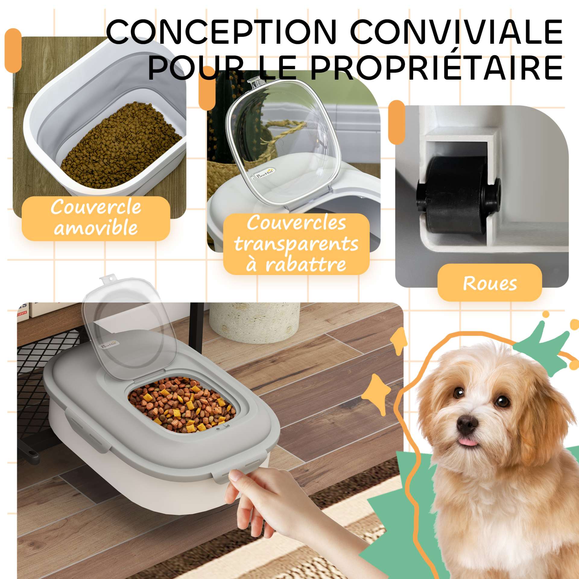 Conteneur à croquettes pour chien pliable 25L rangement hermétique couvercles hermétiques roulettes 44 x 32 x 37 cm gris - immagine 7