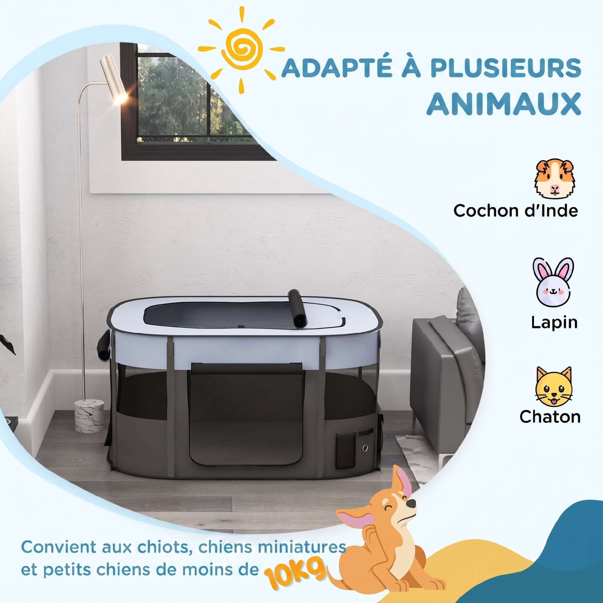 Parc pliable pour animaux de compagnie parc pour chiots en tissu Oxford avec fenêtres et portes sac de rangement gris - immagine 4