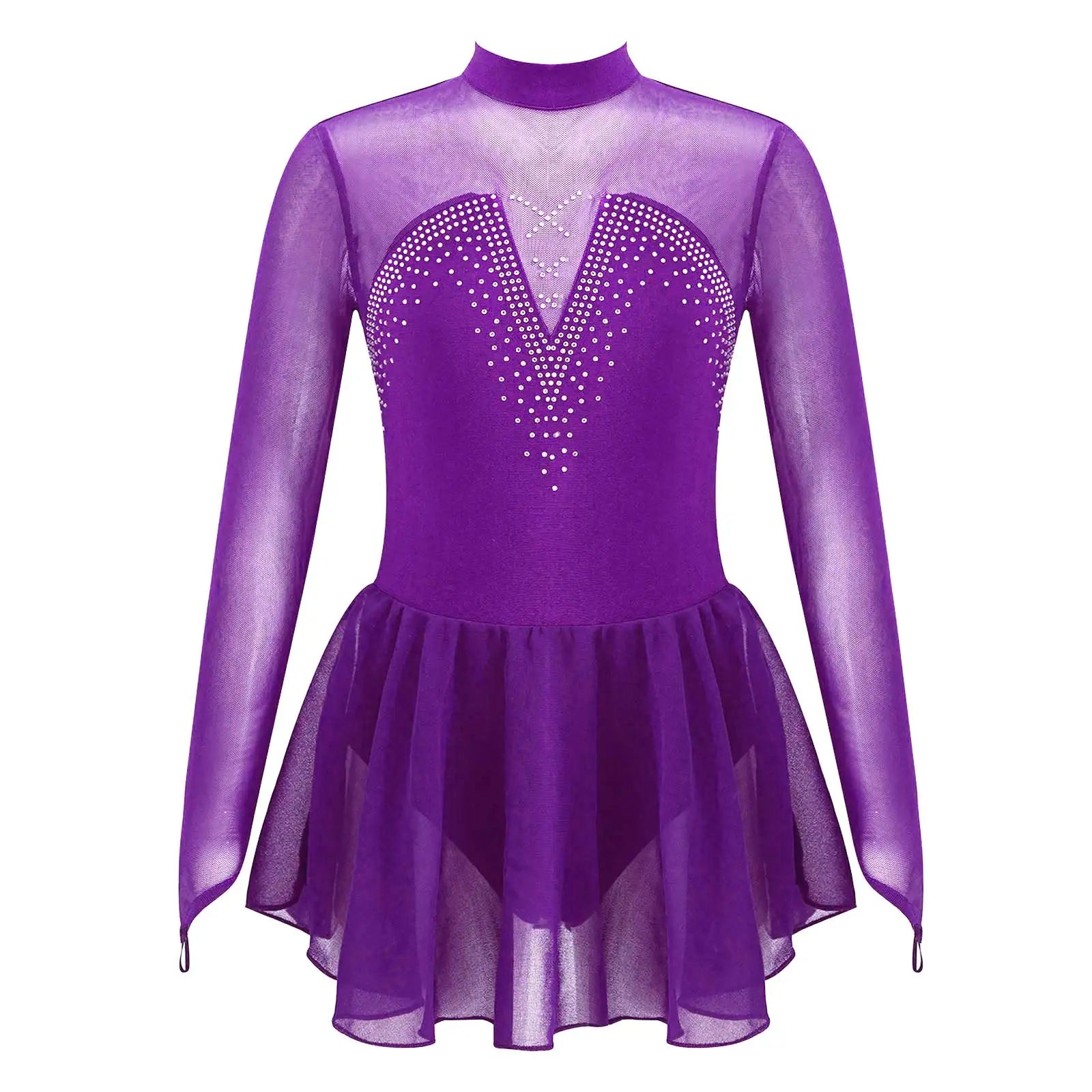 Girls' Long Sleeve Ballet Dress with Rhinestone Mesh and Tulle Skirt - immagine 60
