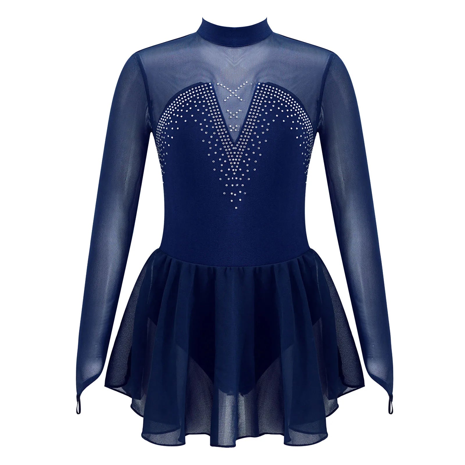 Girls' Long Sleeve Ballet Dress with Rhinestone Mesh and Tulle Skirt - immagine 11