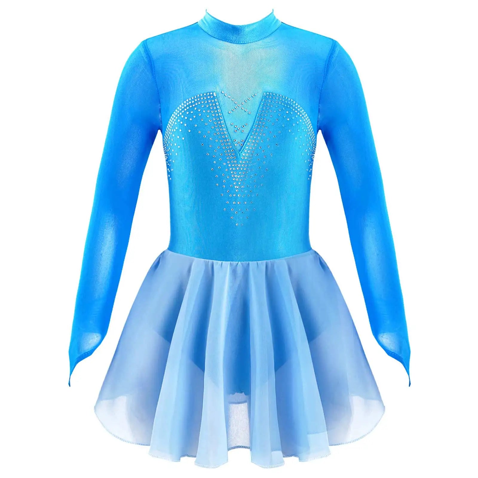 Girls' Long Sleeve Ballet Dress with Rhinestone Mesh and Tulle Skirt - immagine 44