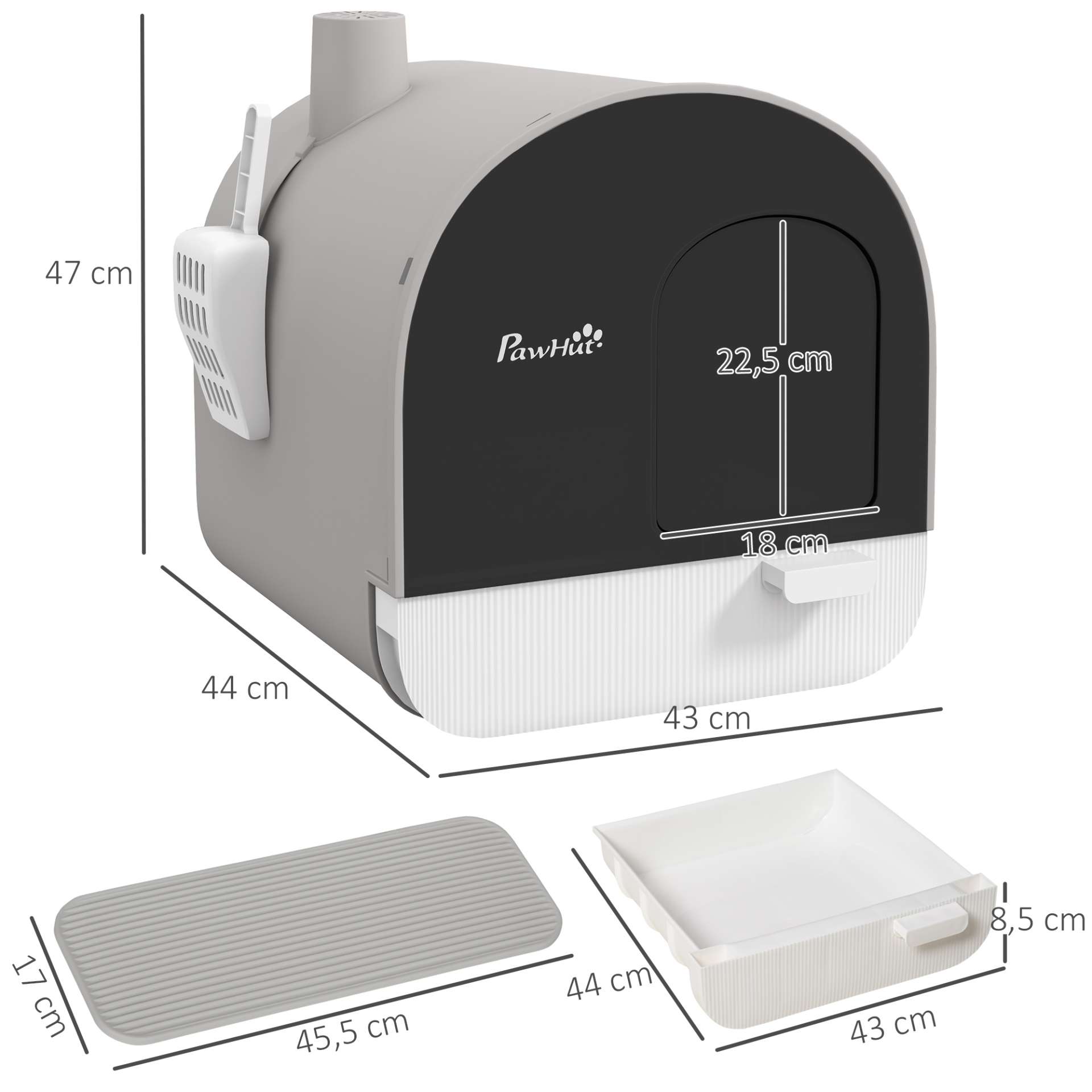 Bac à litière pour chat avec porte battante pelle et filtre inclus dim. 43L x 44l x 47H cm gris - immagine 3