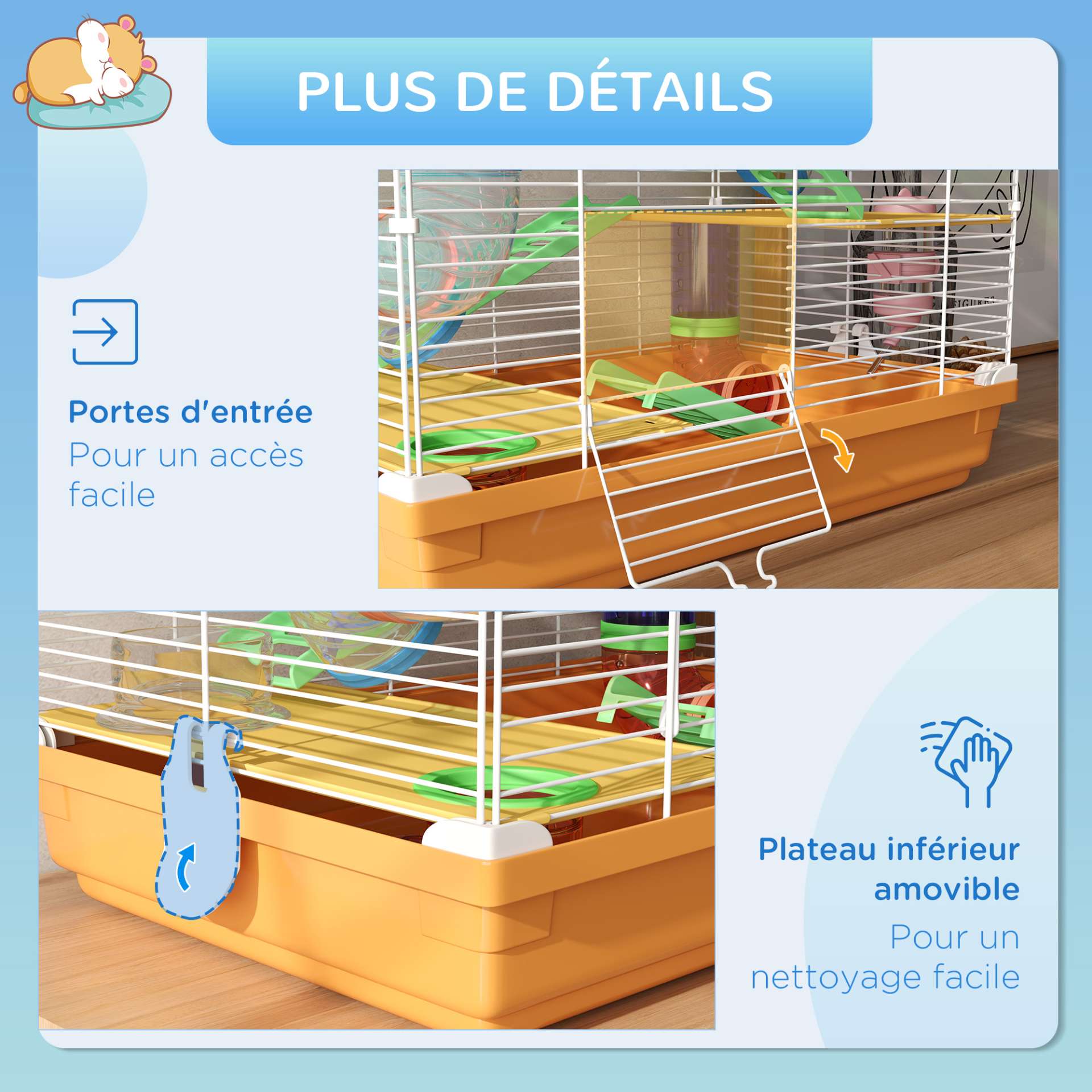 Cage pour hamster et gerbille à 5 étages, habitat sécurisé en grillage métallique avec tunnels, roue, maison et échelles, 46 x 30 x 58 cm, orange - immagine 7