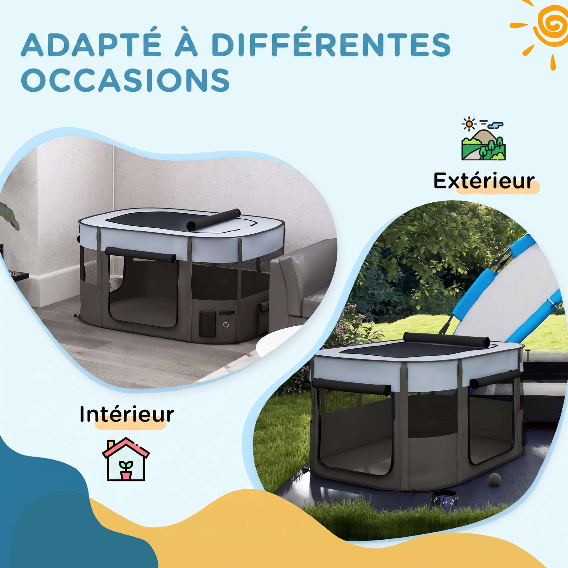Parc pliable pour animaux de compagnie parc pour chiots en tissu Oxford avec fenêtres et portes sac de rangement gris - immagine 7