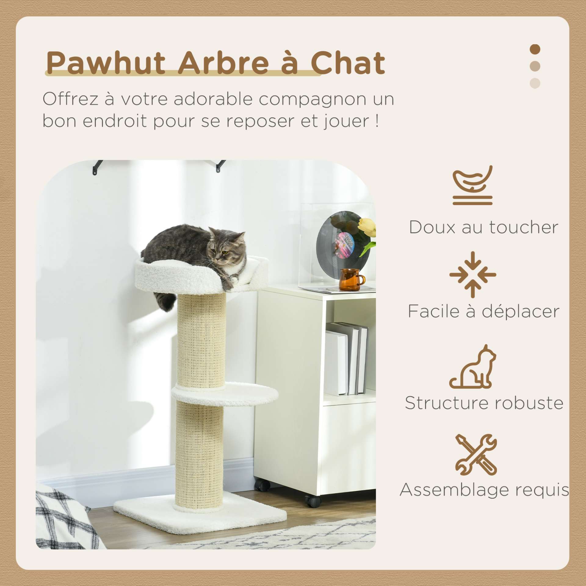Arbre à chat avec griffoir centre d'activités 2 plateformes coussin crème - immagine 4