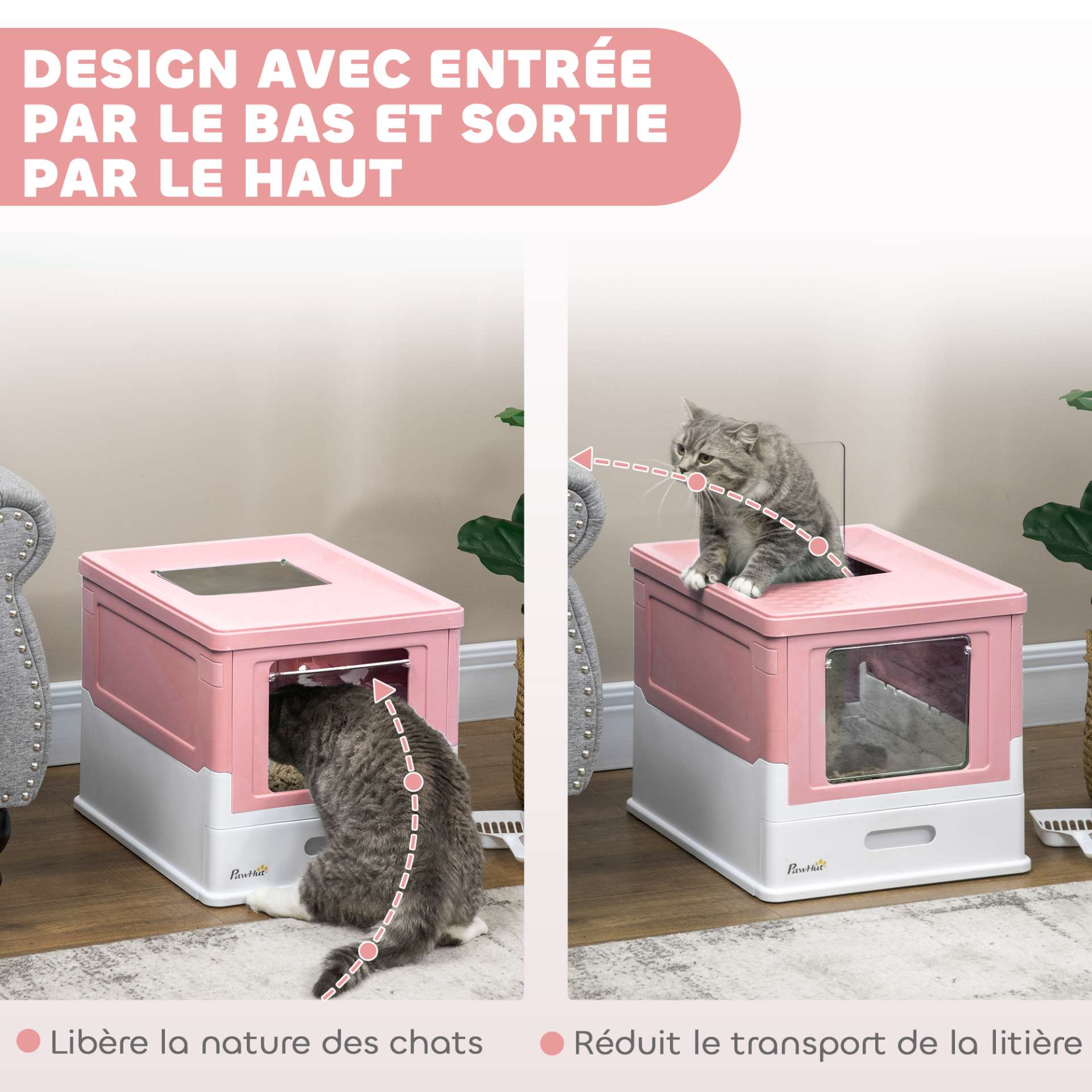 Maison de toilette pour chat pliable double porte battante et supérieure pelle fourni 47,5 x 35,5 x 36,7 cm rose - immagine 5
