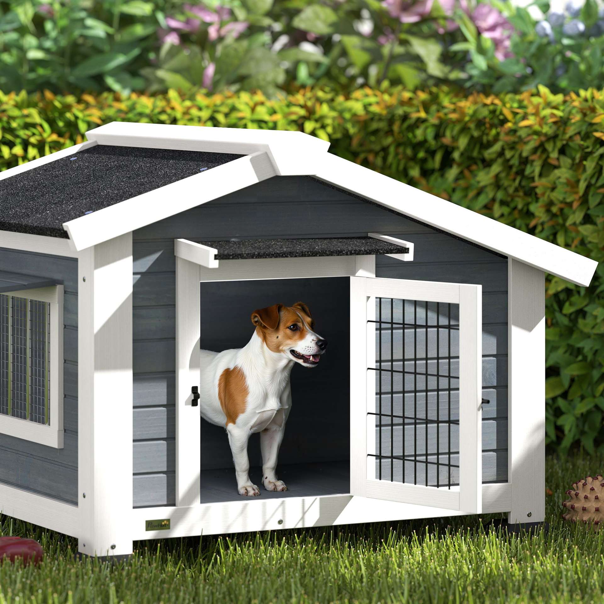 Niche pour Chien Extérieur Abri Jardin Surélevé Plancher Amovible Auvent de Porte et Toit Imperméable 98x76x69,5cm Gris - immagine 8