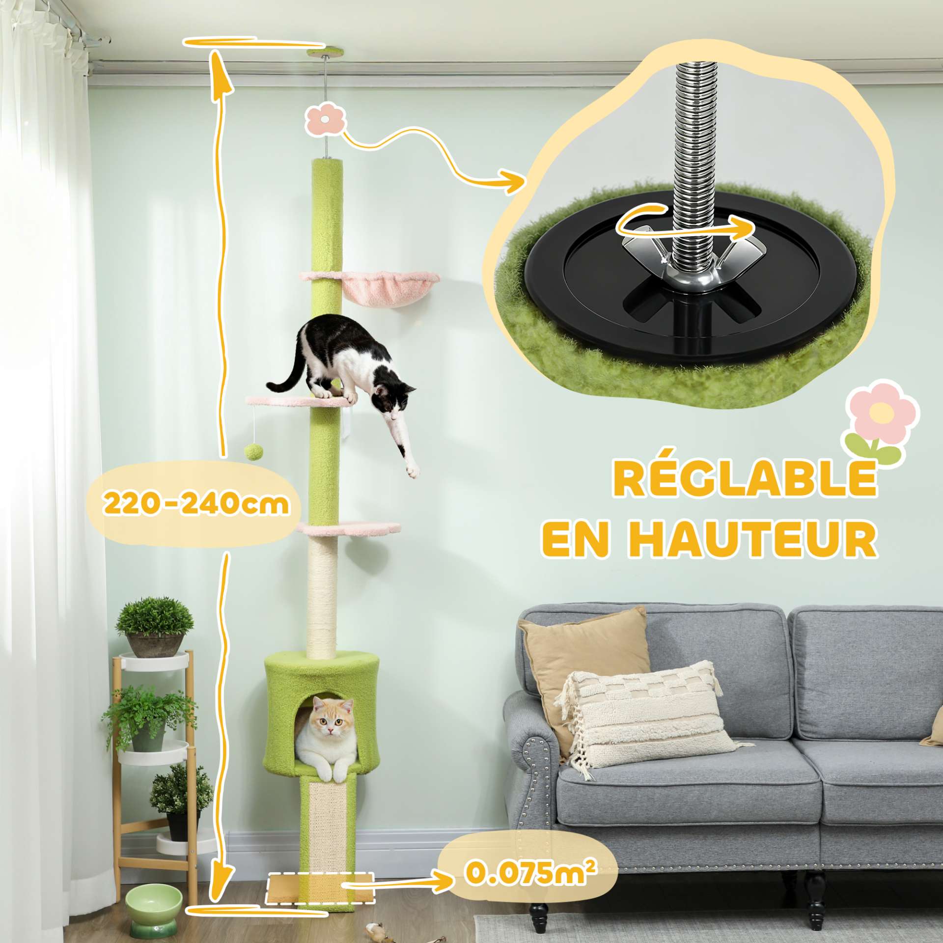 Arbre à chat du sol au plafond 5 niveaux hauteur réglable 220-240 cm plateformes fleur avec griffoir niche hamac vert - immagine 4