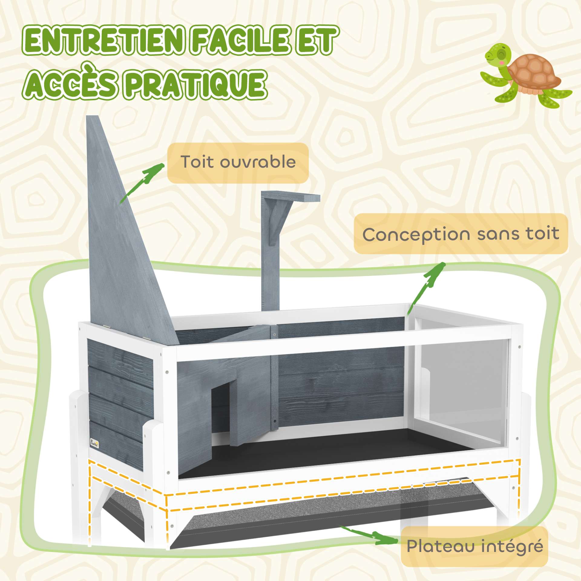 Maison pour tortues terrarium tortue terrestre sur pieds 2 zones toit ouvrant zone interactive 84,5 x 47,5 x 90 cm gris - immagine 8