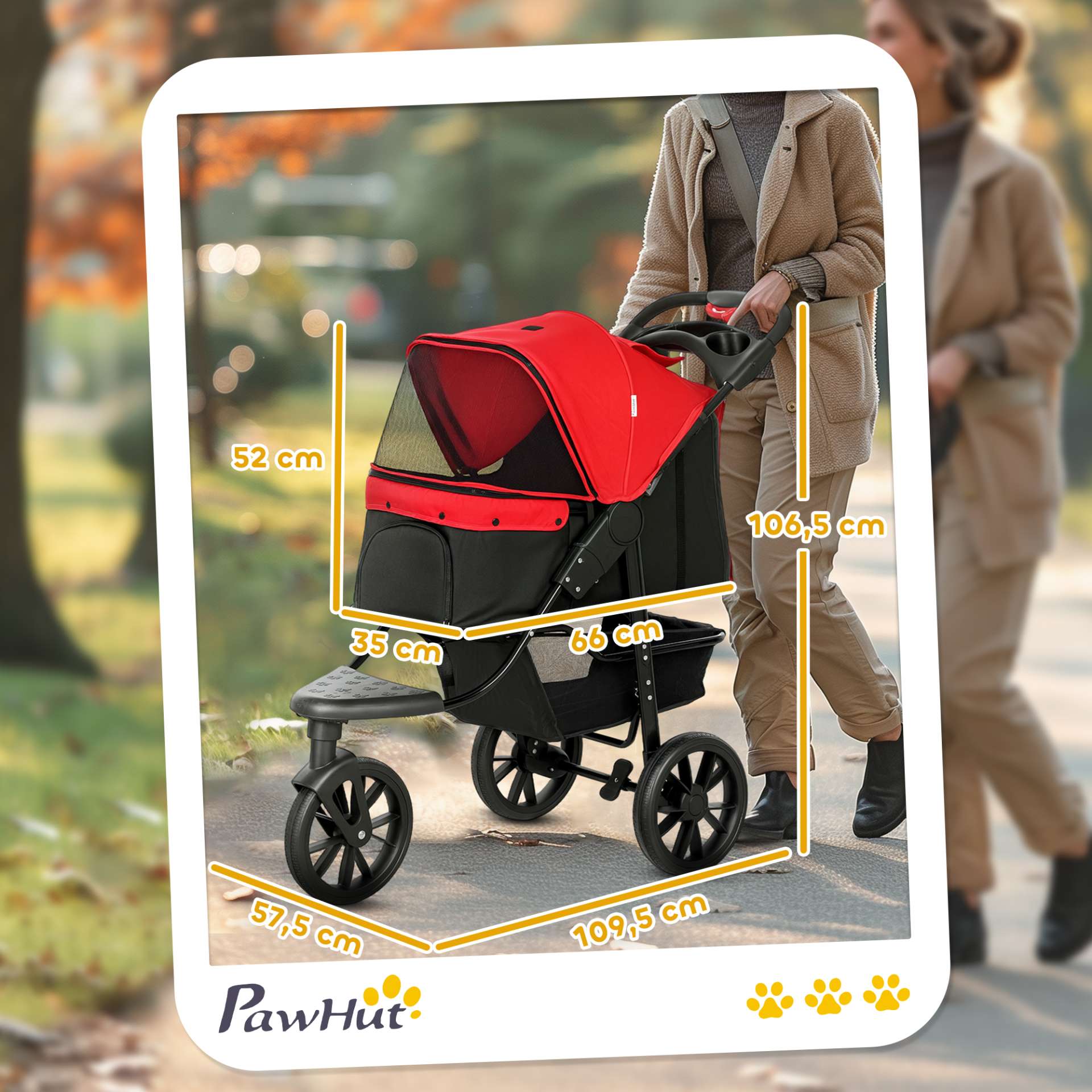 Poussette pour chien chariot pliable 3 roues tout-terrain EVA 12" auvent ajustable 2 laisses 109,5x57,5x106,5cm rouge - immagine 3