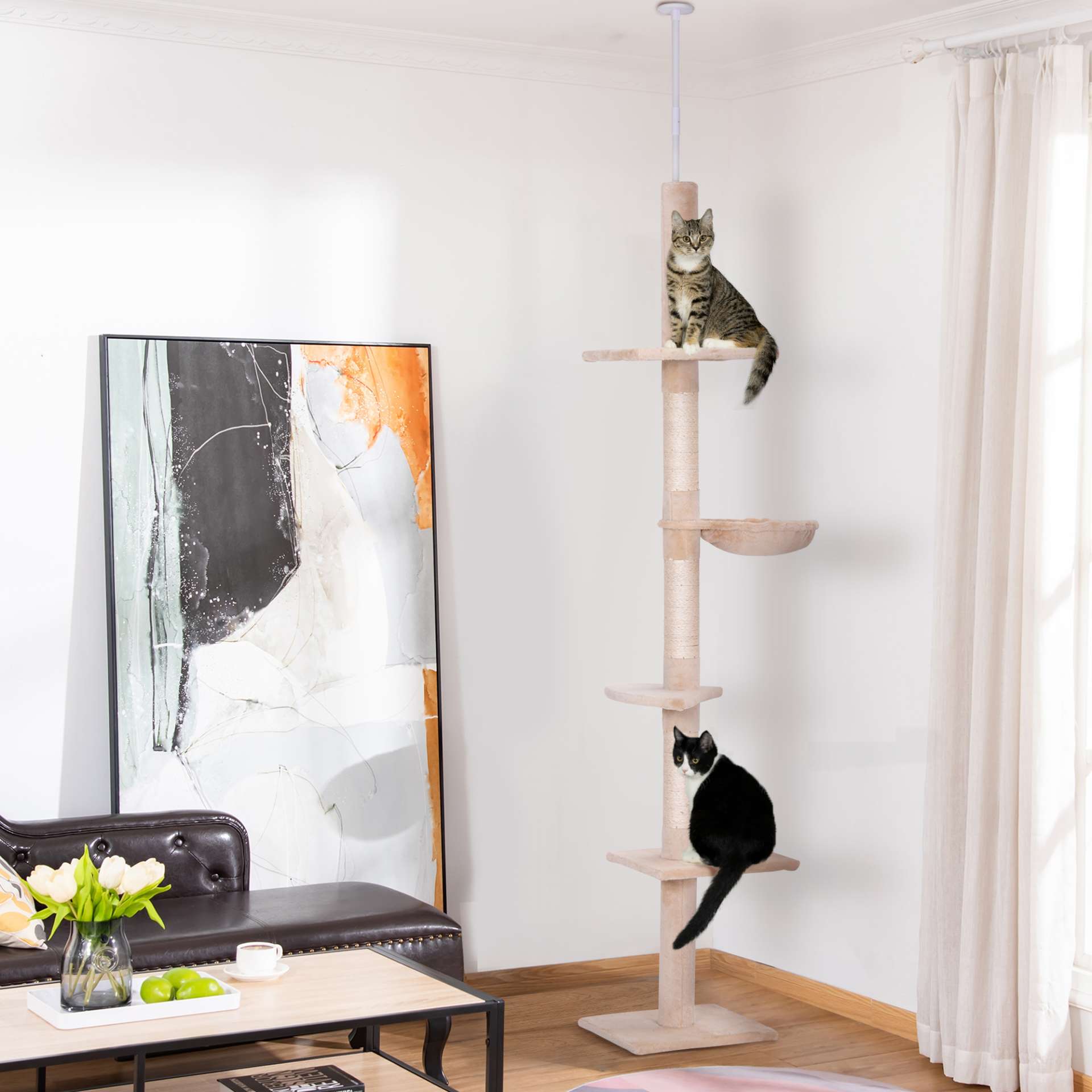 Arbre chat du sol au plafond poteau à griffer L40 x l 34 x H 230-260 cm 5 niveaux d'activités beige - immagine 2