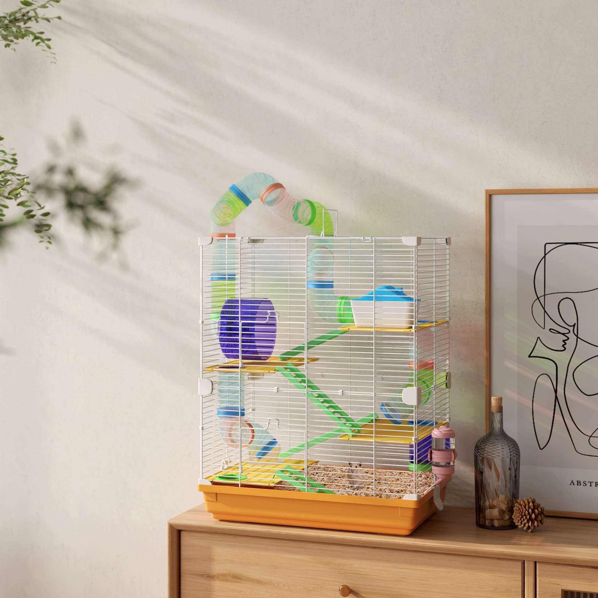 Cage pour hamster et gerbille à 5 étages, habitat sécurisé en grillage métallique avec tunnels, roue, maison et échelles, 46 x 30 x 58 cm, orange - immagine 10