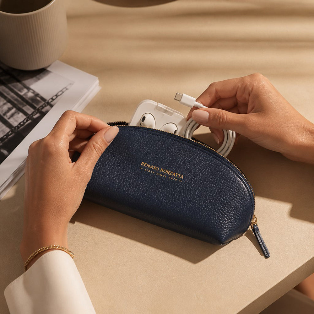 RB1088D | Half-Moon Pencil Case/Clutch Bag Made in Italy in Genuine Dollar Grain Leather. Color: Blue - immagine 3