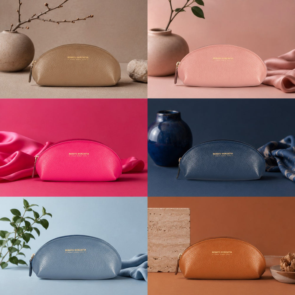 RB1088D | Half-Moon Pencil Case/Clutch Bag Made in Italy in Genuine Dollar Grain Leather. Color: Blue - immagine 4