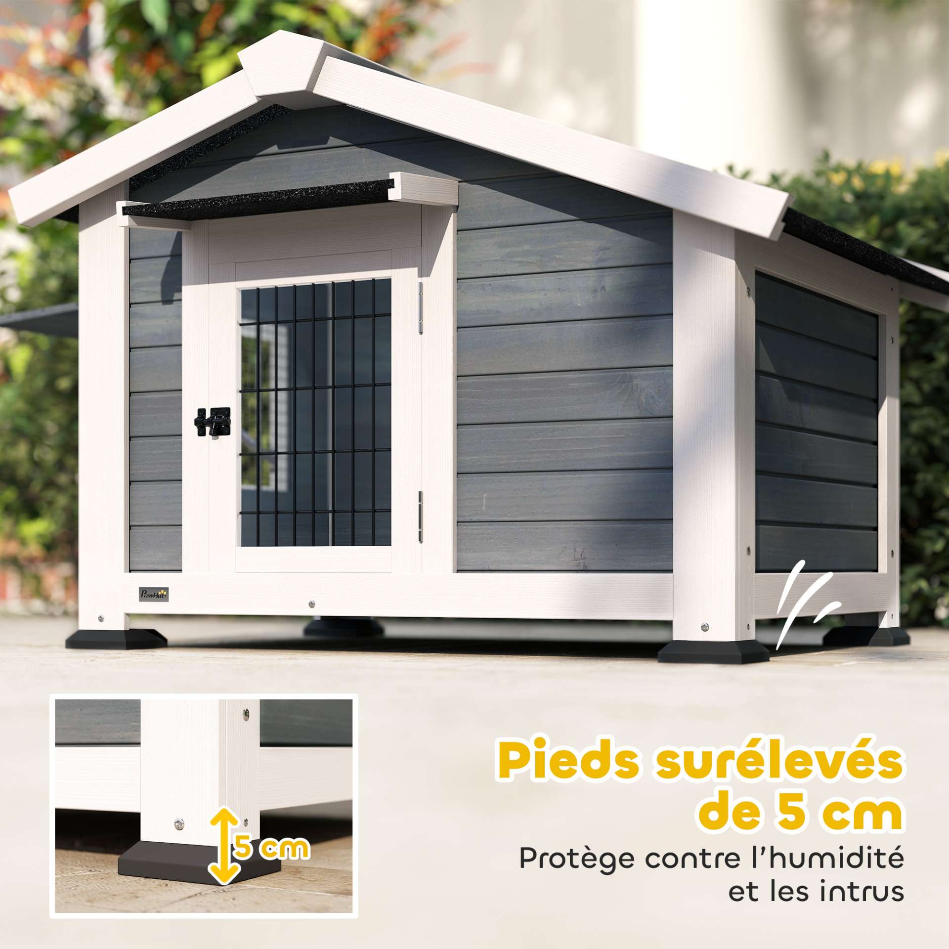 Niche pour Chien Extérieur Abri Jardin Surélevé Plancher Amovible Auvent de Porte et Toit Imperméable 98x76x69,5cm Gris - immagine 6