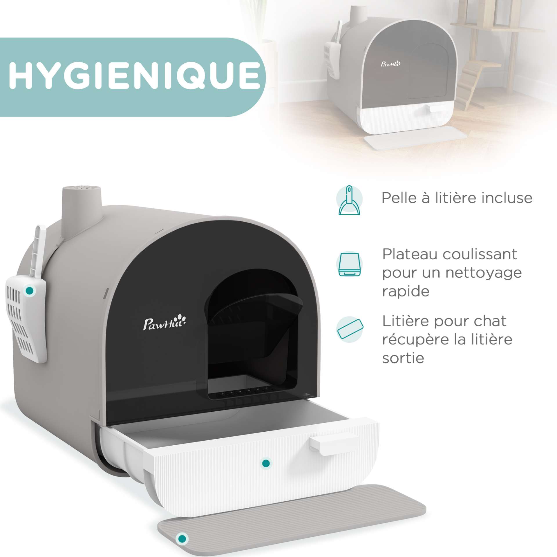 Bac à litière pour chat avec porte battante pelle et filtre inclus dim. 43L x 44l x 47H cm gris - immagine 4