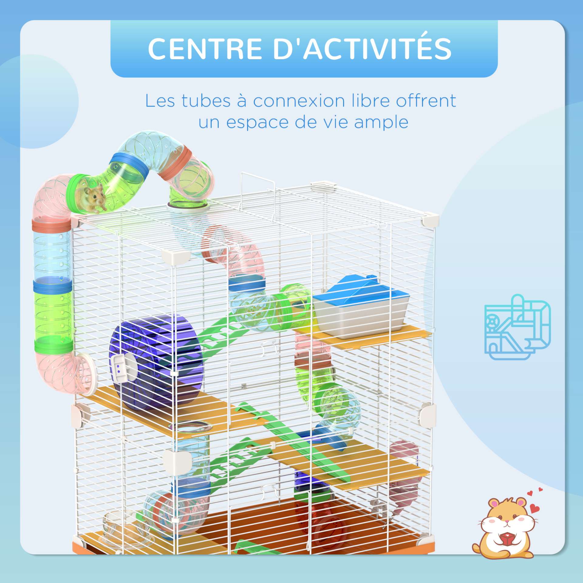 Cage pour hamster et gerbille à 5 étages, habitat sécurisé en grillage métallique avec tunnels, roue, maison et échelles, 46 x 30 x 58 cm, orange - immagine 4