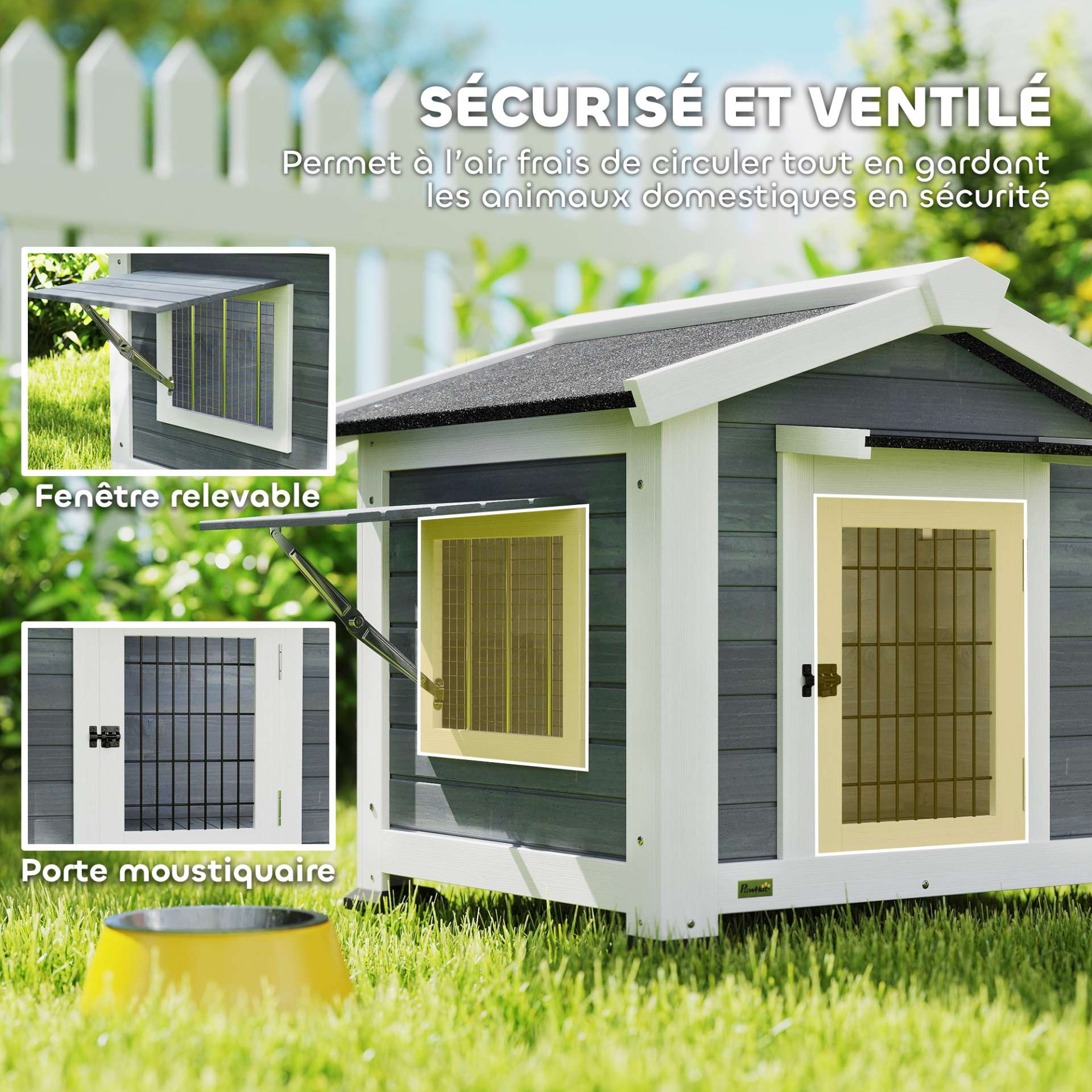 Niche pour Chien Extérieur Abri Jardin Surélevé Plancher Amovible Auvent de Porte et Toit Imperméable 98x76x69,5cm Gris - immagine 4