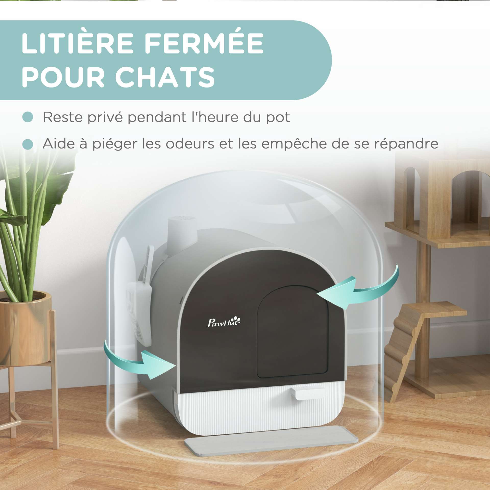 Bac à litière pour chat avec porte battante pelle et filtre inclus dim. 43L x 44l x 47H cm gris - immagine 5