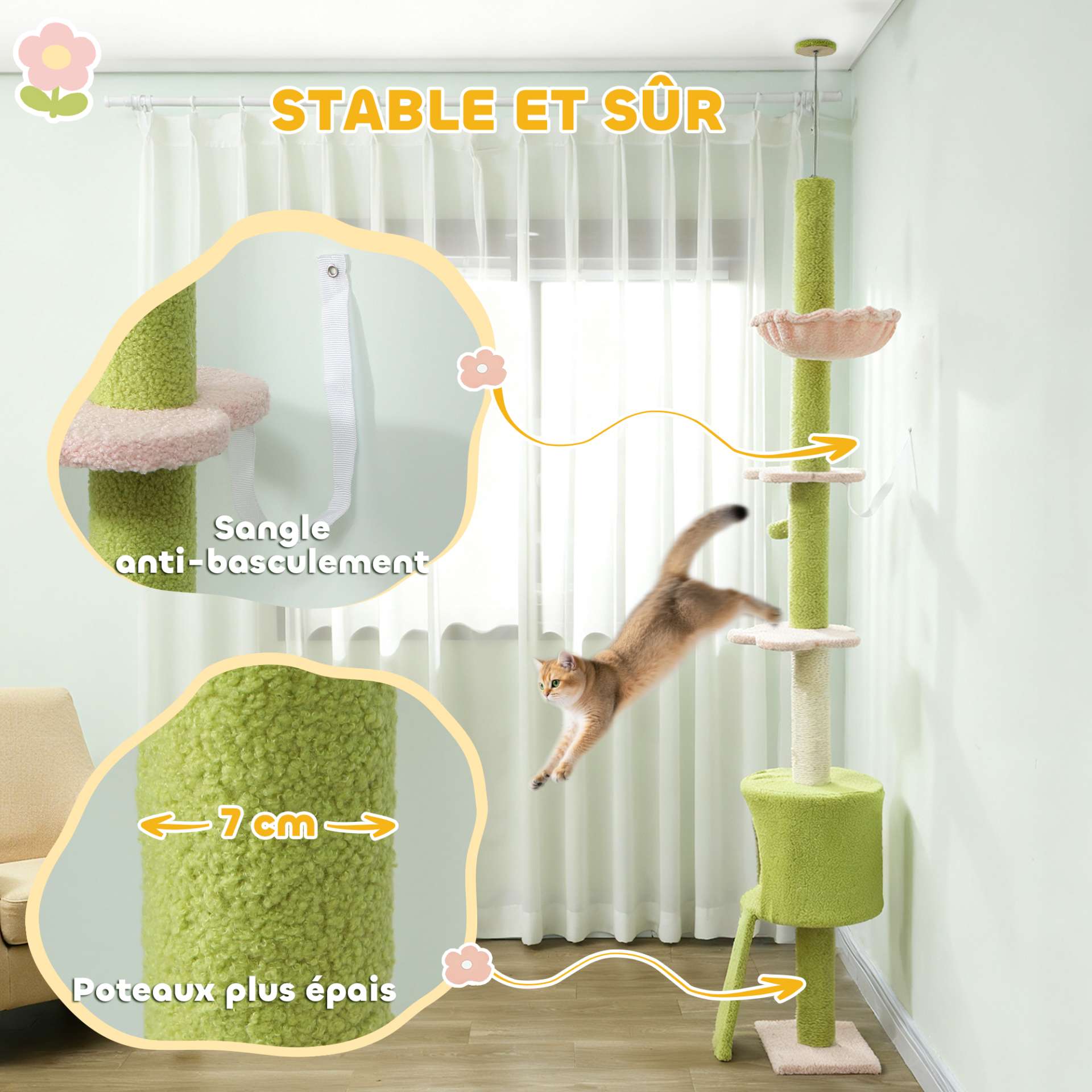 Arbre à chat du sol au plafond 5 niveaux hauteur réglable 220-240 cm plateformes fleur avec griffoir niche hamac vert - immagine 7