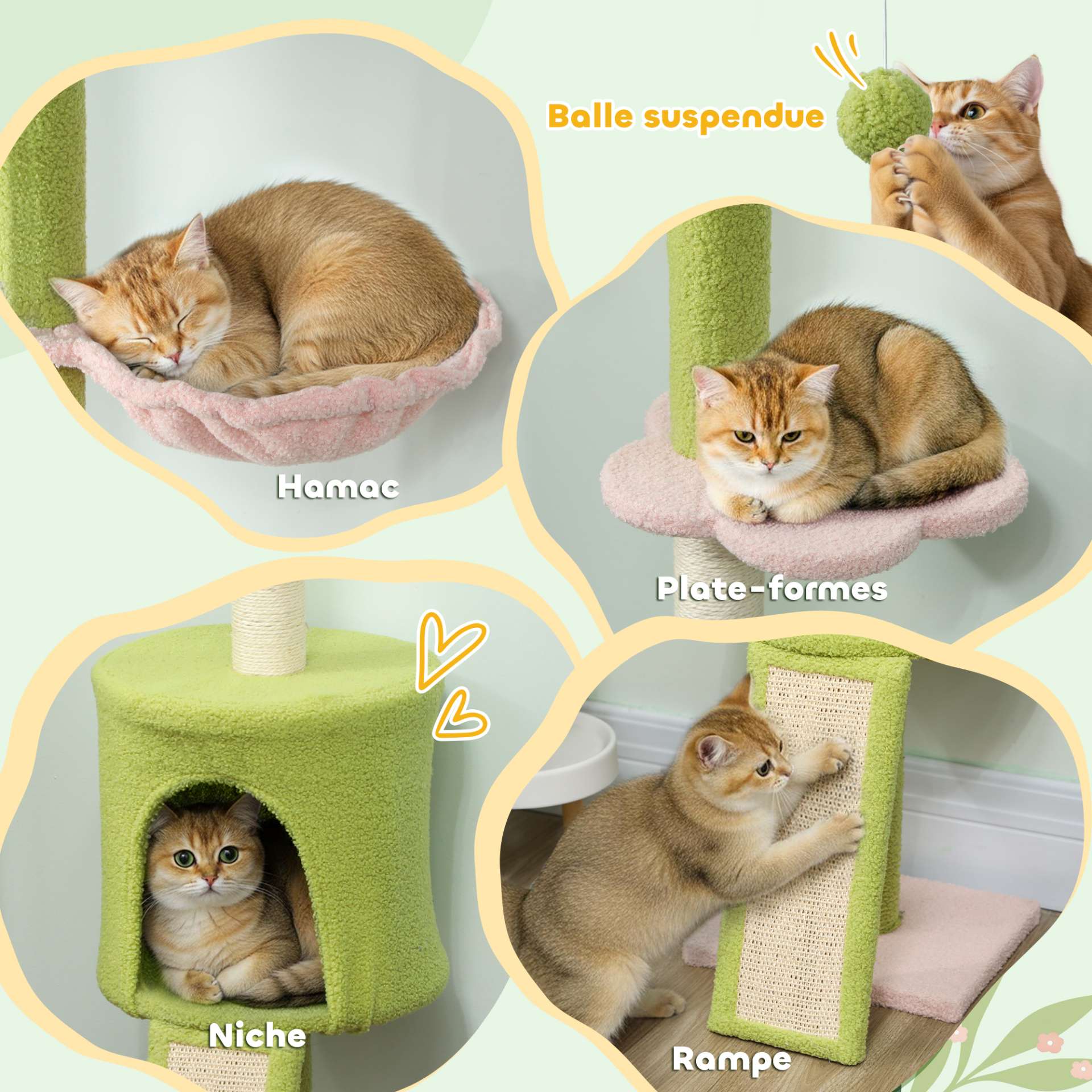 Arbre à chat du sol au plafond 5 niveaux hauteur réglable 220-240 cm plateformes fleur avec griffoir niche hamac vert - immagine 5