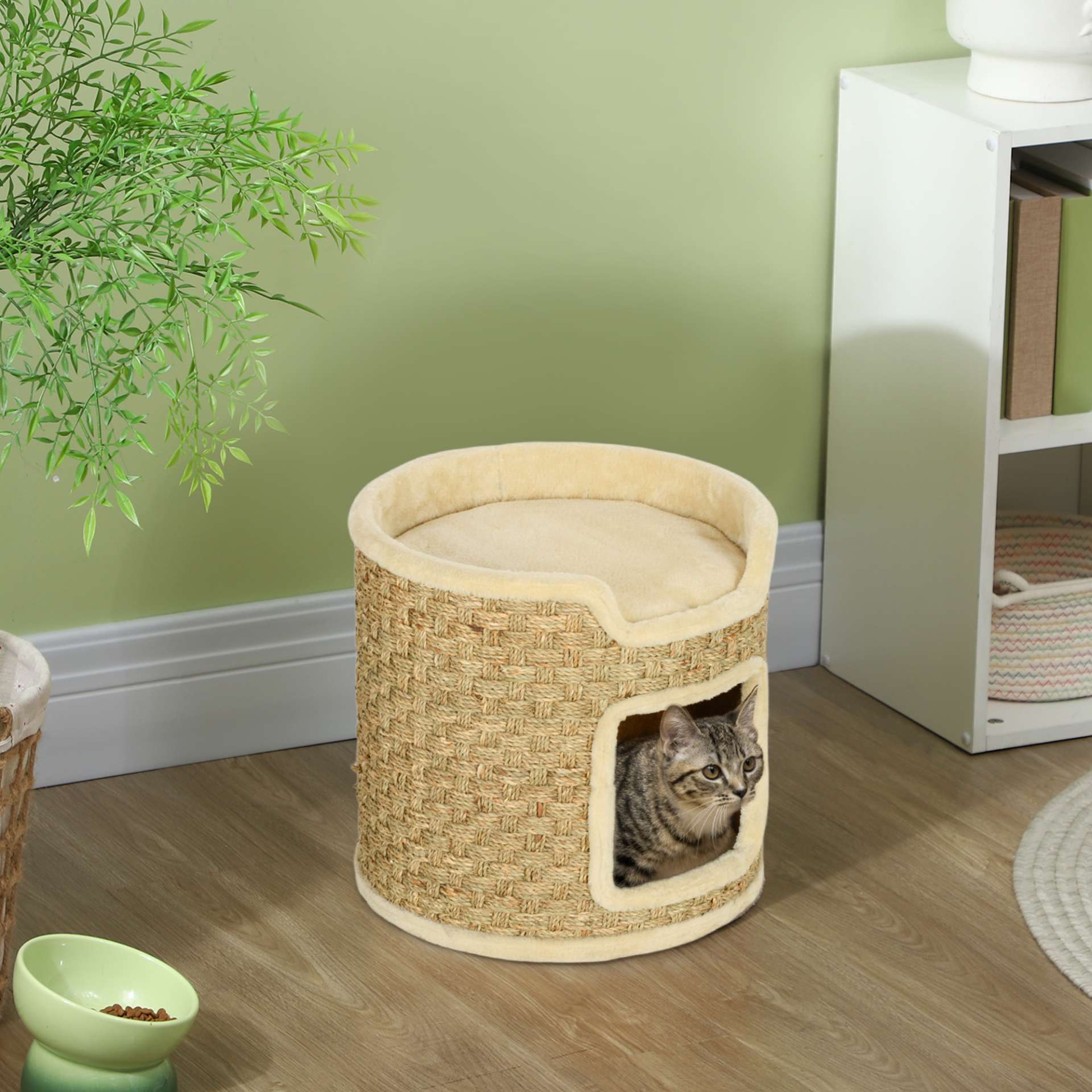Tonneau à gratter pour chat, tonneau à chat, recouvert de peluche, capacité de 5 kg, Ø 38 x 37H cm kaki et beige - immagine 9