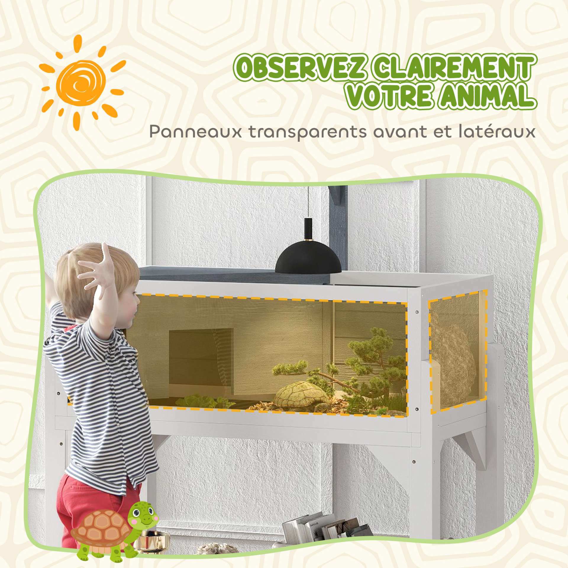 Maison pour tortues terrarium tortue terrestre sur pieds 2 zones toit ouvrant zone interactive 84,5 x 47,5 x 90 cm gris - immagine 5