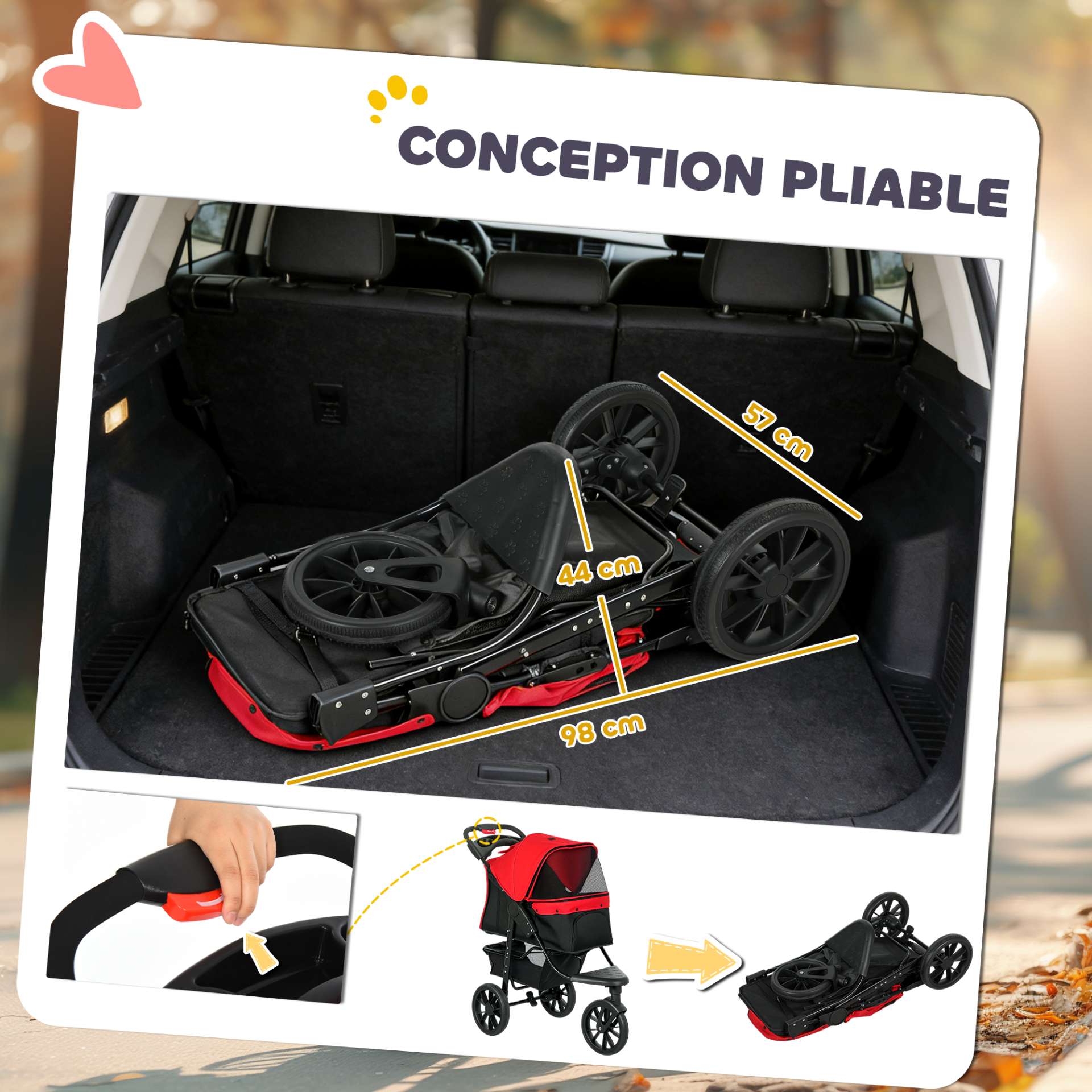Poussette pour chien chariot pliable 3 roues tout-terrain EVA 12" auvent ajustable 2 laisses 109,5x57,5x106,5cm rouge - immagine 6