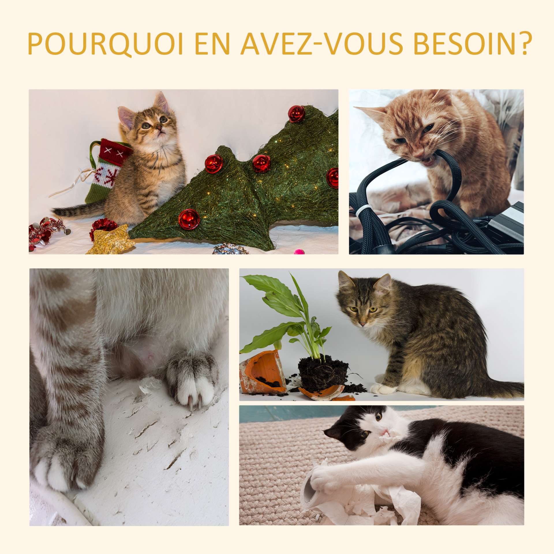 Arbre chat du sol au plafond poteau à griffer L40 x l 34 x H 230-260 cm 5 niveaux d'activités beige - immagine 8
