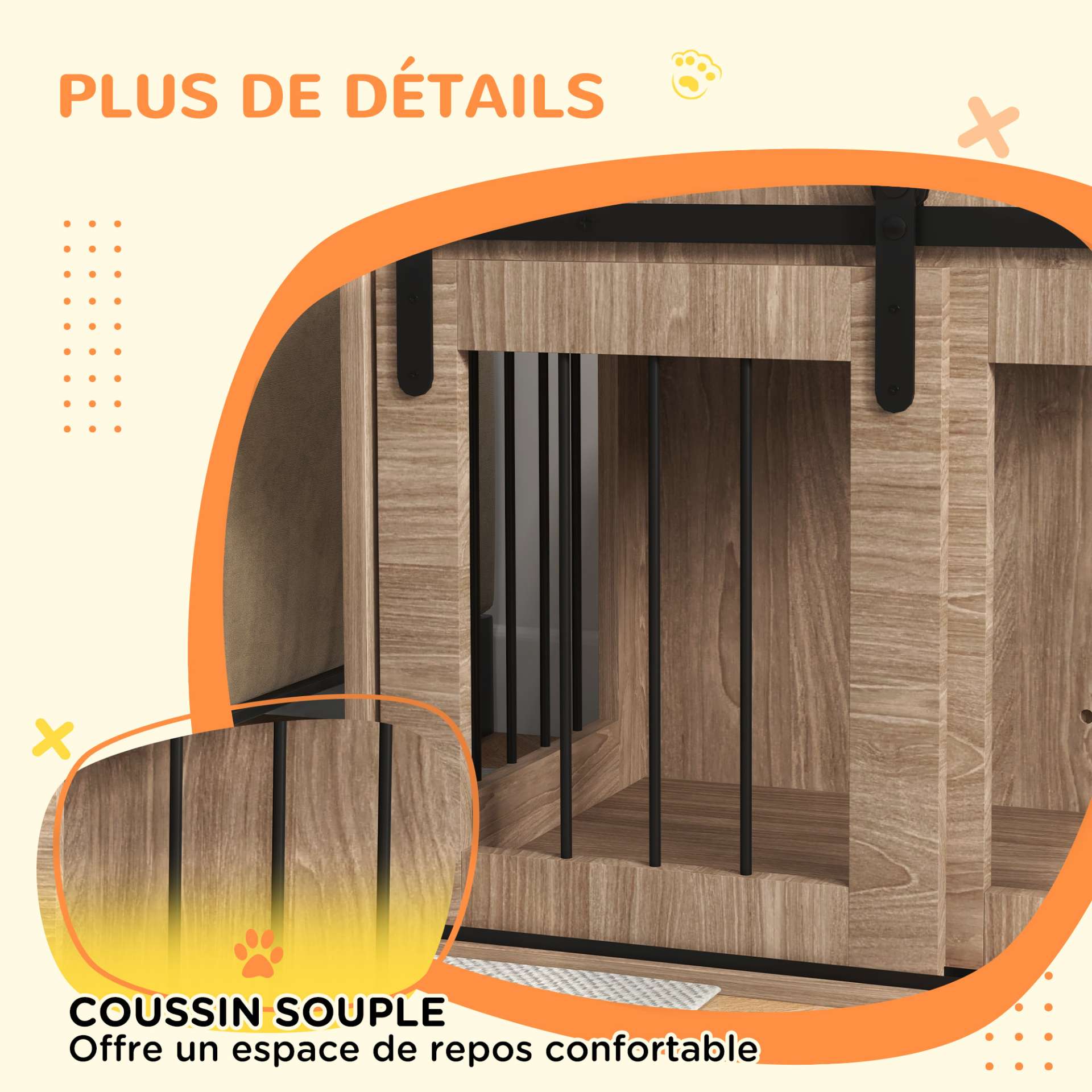 Cage caisse pour chien animaux intérieur porte coulissante, métal effet bois, dim. 57H x 80L x 54l cm - immagine 7