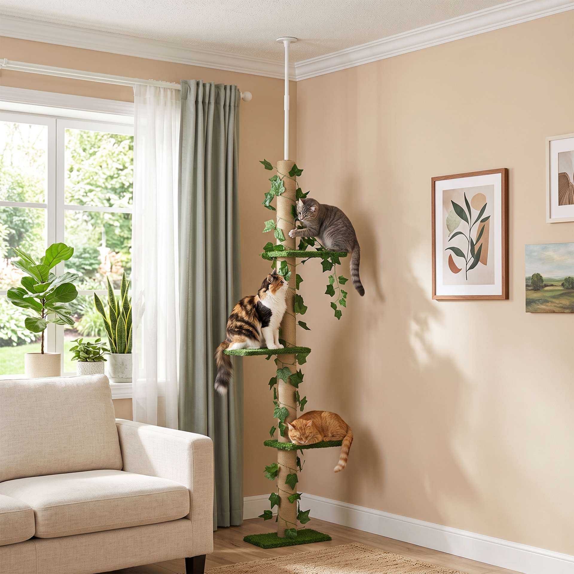 Arbre à chat poteau à griffer fixation plafond hauteur réglable 37 x 21 x 202- 242 cm 4 niveaux vert - immagine 2