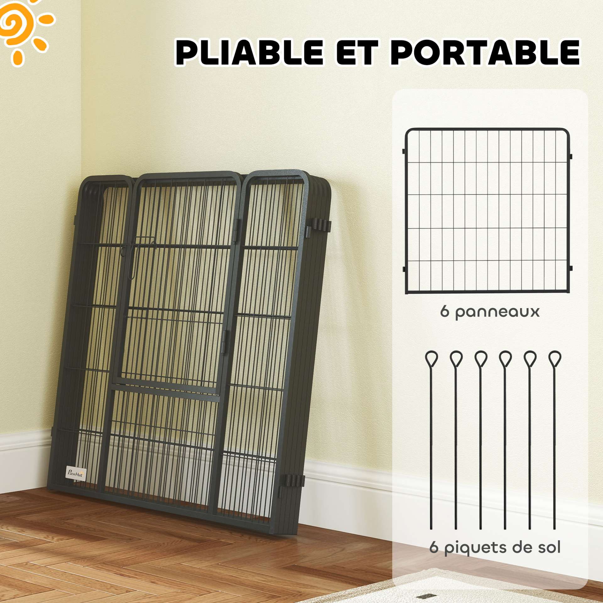 Parc pour chien, enclos chien 6 panneaux modulable et pliable, portable en acier avec porte 80 x 80 gris - immagine 6