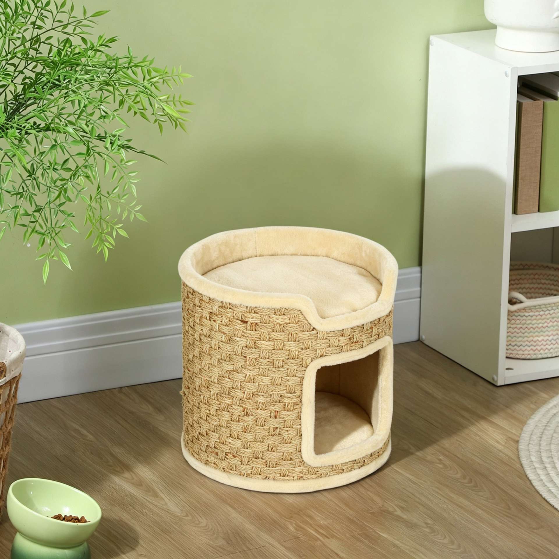 Tonneau à gratter pour chat, tonneau à chat, recouvert de peluche, capacité de 5 kg, Ø 38 x 37H cm kaki et beige - immagine 2