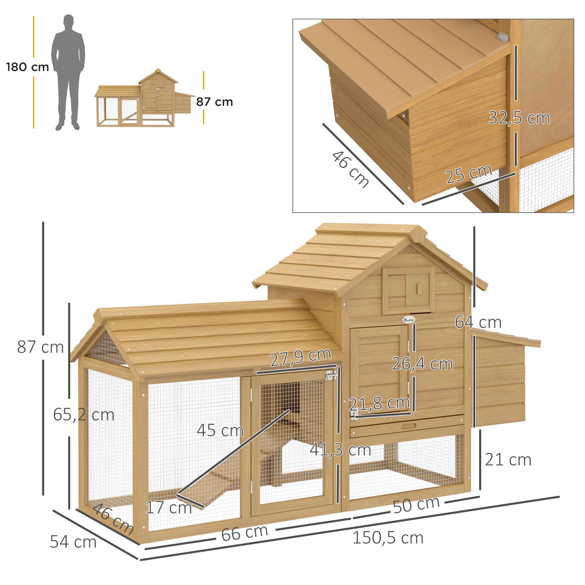Petit poulailler cottage cage à poules sur pied dim. 151L x 54l x 87H cm multi-équipement bois massif de sapin - immagine 3