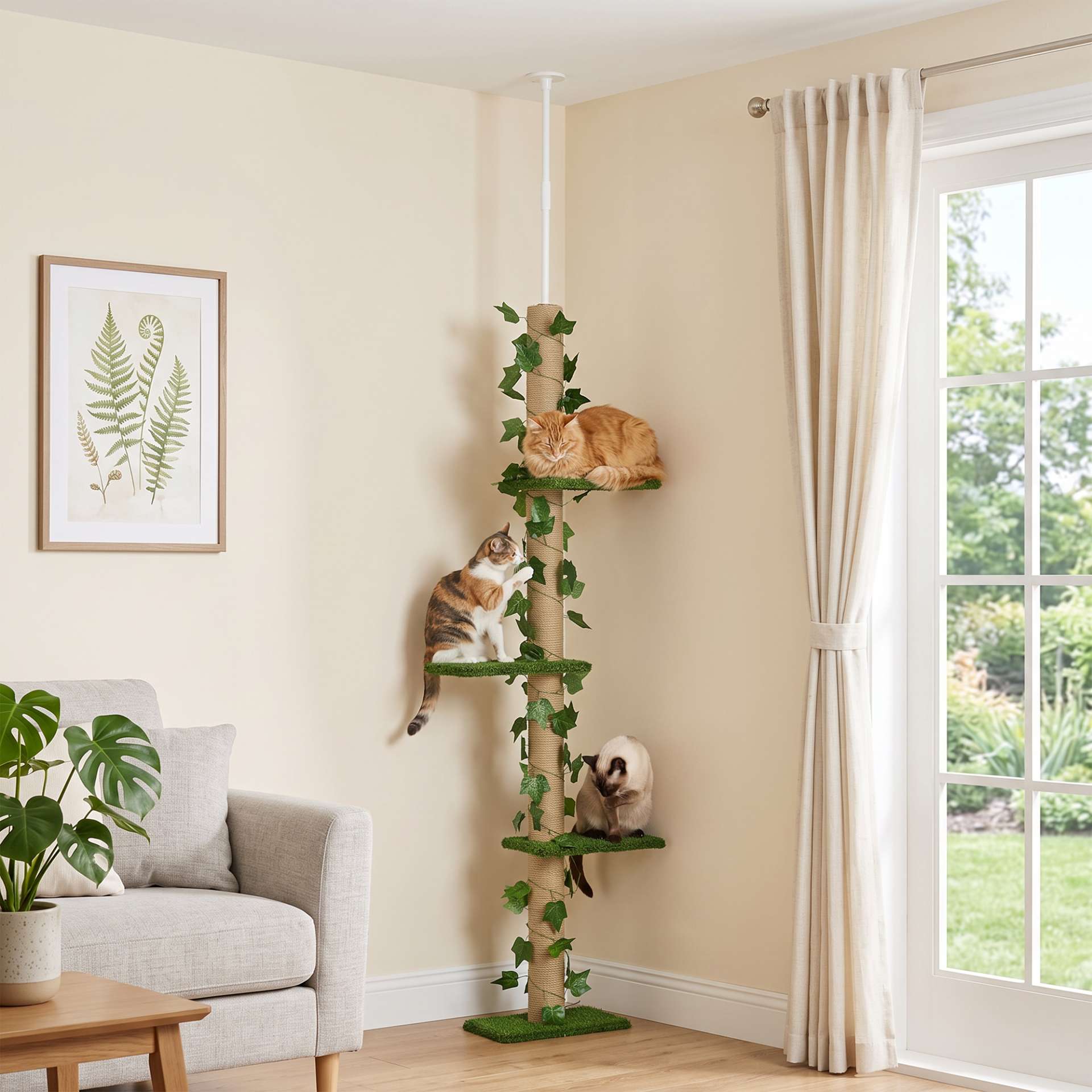 Arbre à chat poteau à griffer fixation plafond hauteur réglable 37 x 21 x 202- 242 cm 4 niveaux vert - immagine 10