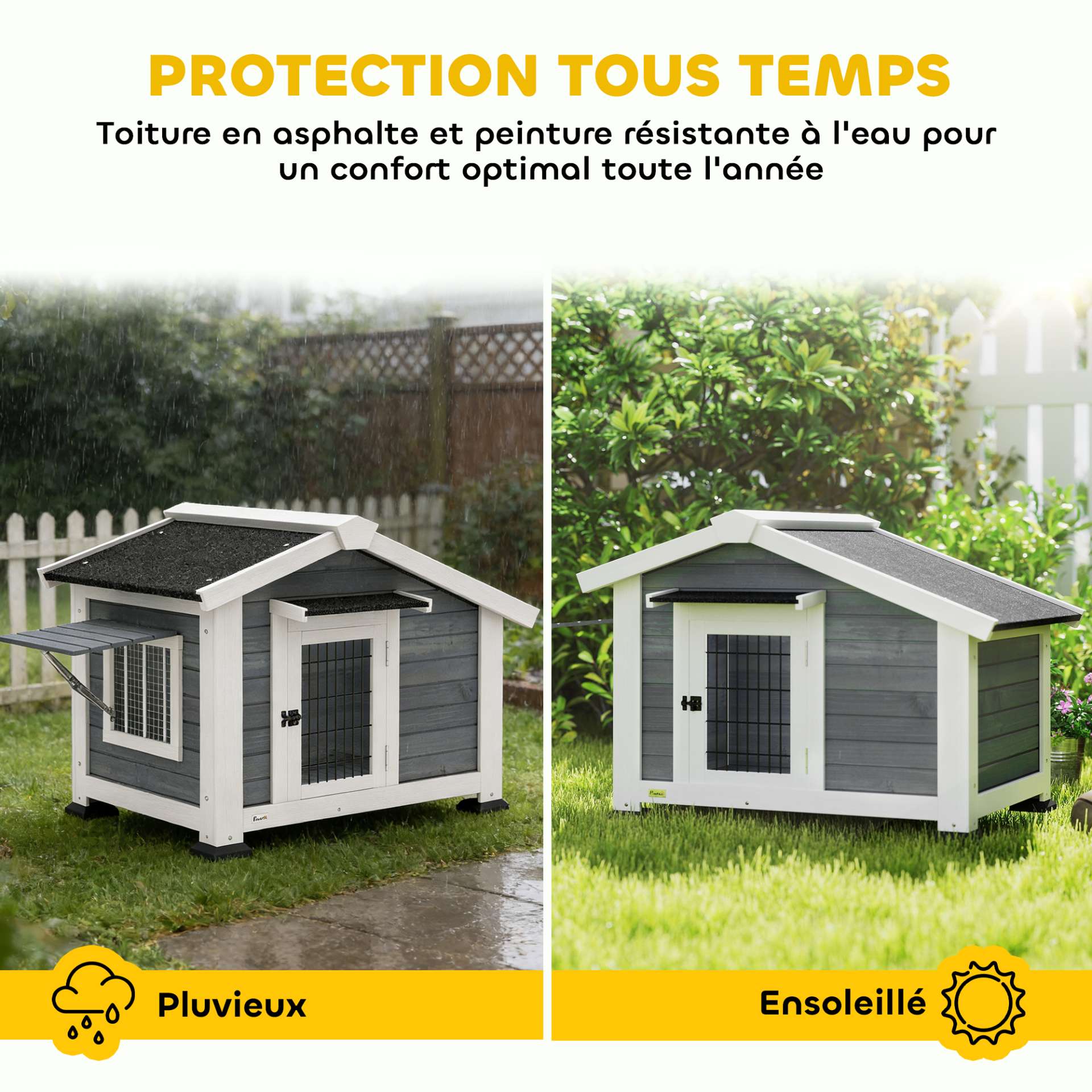 Niche pour Chien Extérieur Abri Jardin Surélevé Plancher Amovible Auvent de Porte et Toit Imperméable 98x76x69,5cm Gris - immagine 5