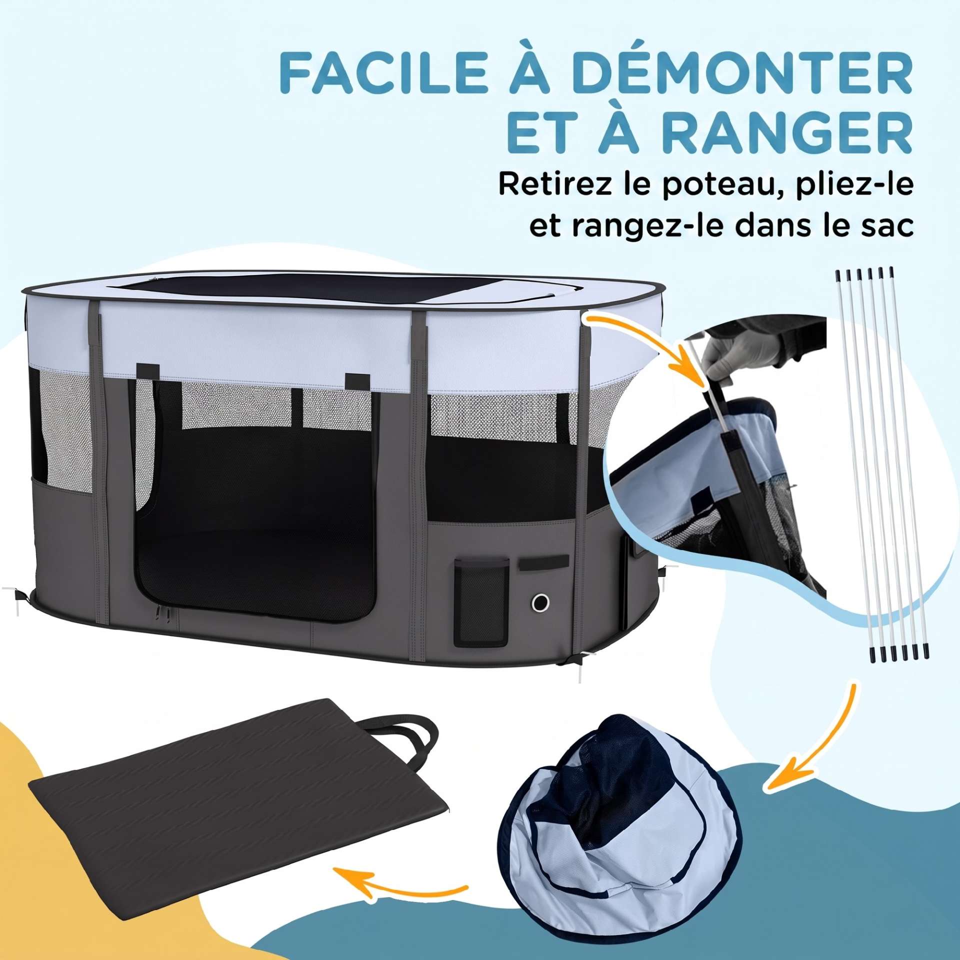 Parc pliable pour animaux de compagnie parc pour chiots en tissu Oxford avec fenêtres et portes sac de rangement gris - immagine 6