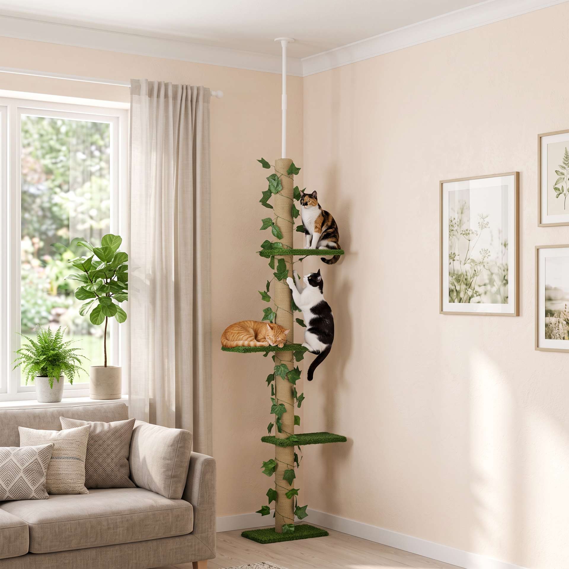 Arbre à chat poteau à griffer fixation plafond hauteur réglable 37 x 21 x 202- 242 cm 4 niveaux vert - immagine 9