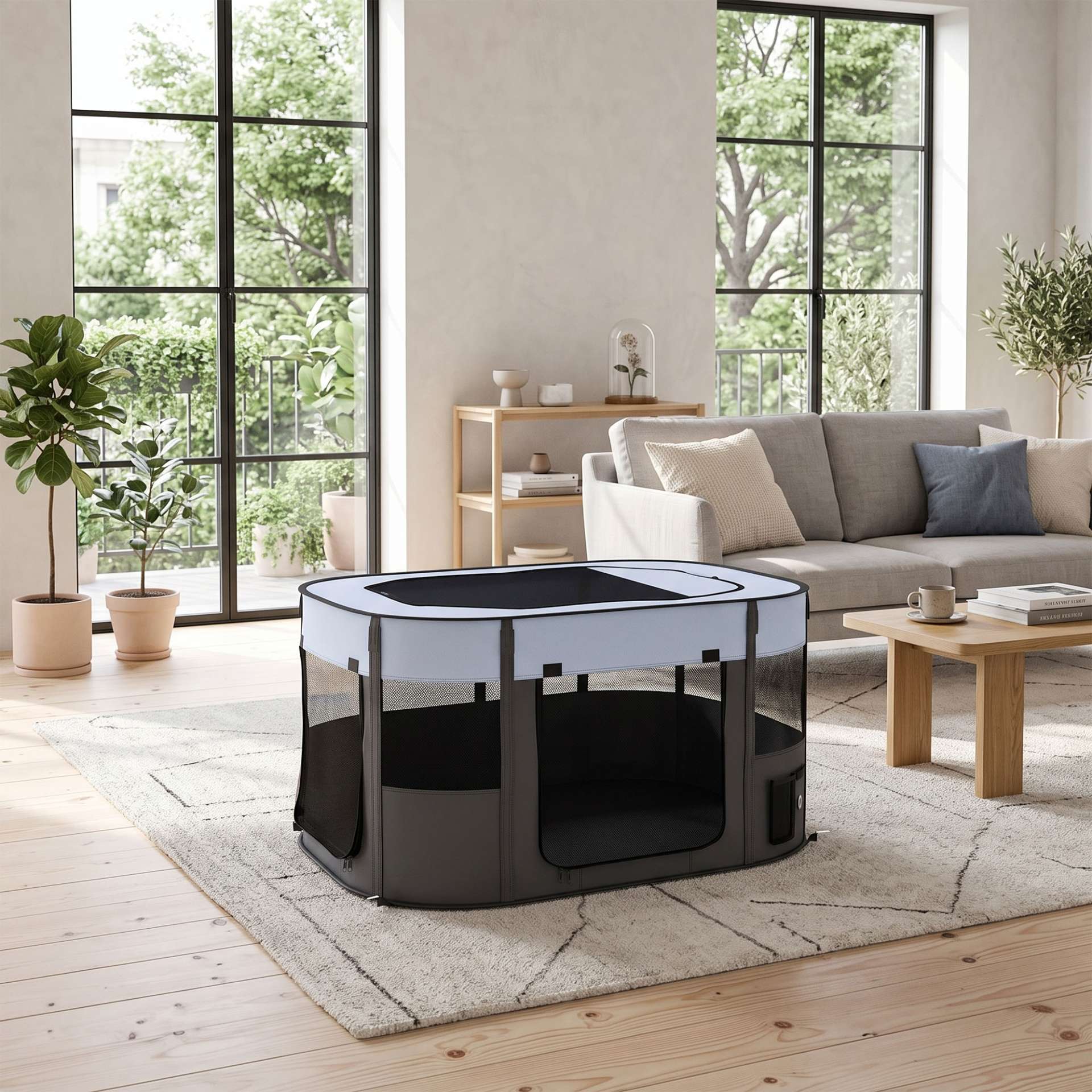Parc pliable pour animaux de compagnie parc pour chiots en tissu Oxford avec fenêtres et portes sac de rangement gris - immagine 2