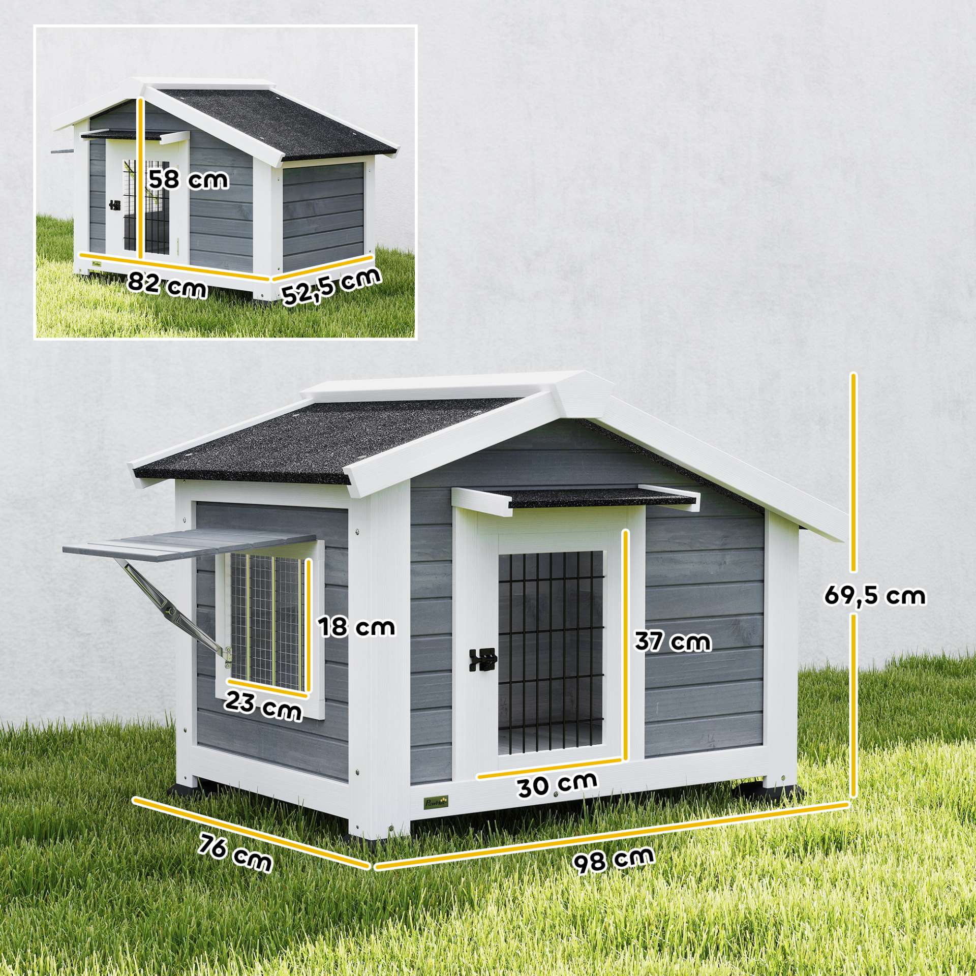 Niche pour Chien Extérieur Abri Jardin Surélevé Plancher Amovible Auvent de Porte et Toit Imperméable 98x76x69,5cm Gris - immagine 3