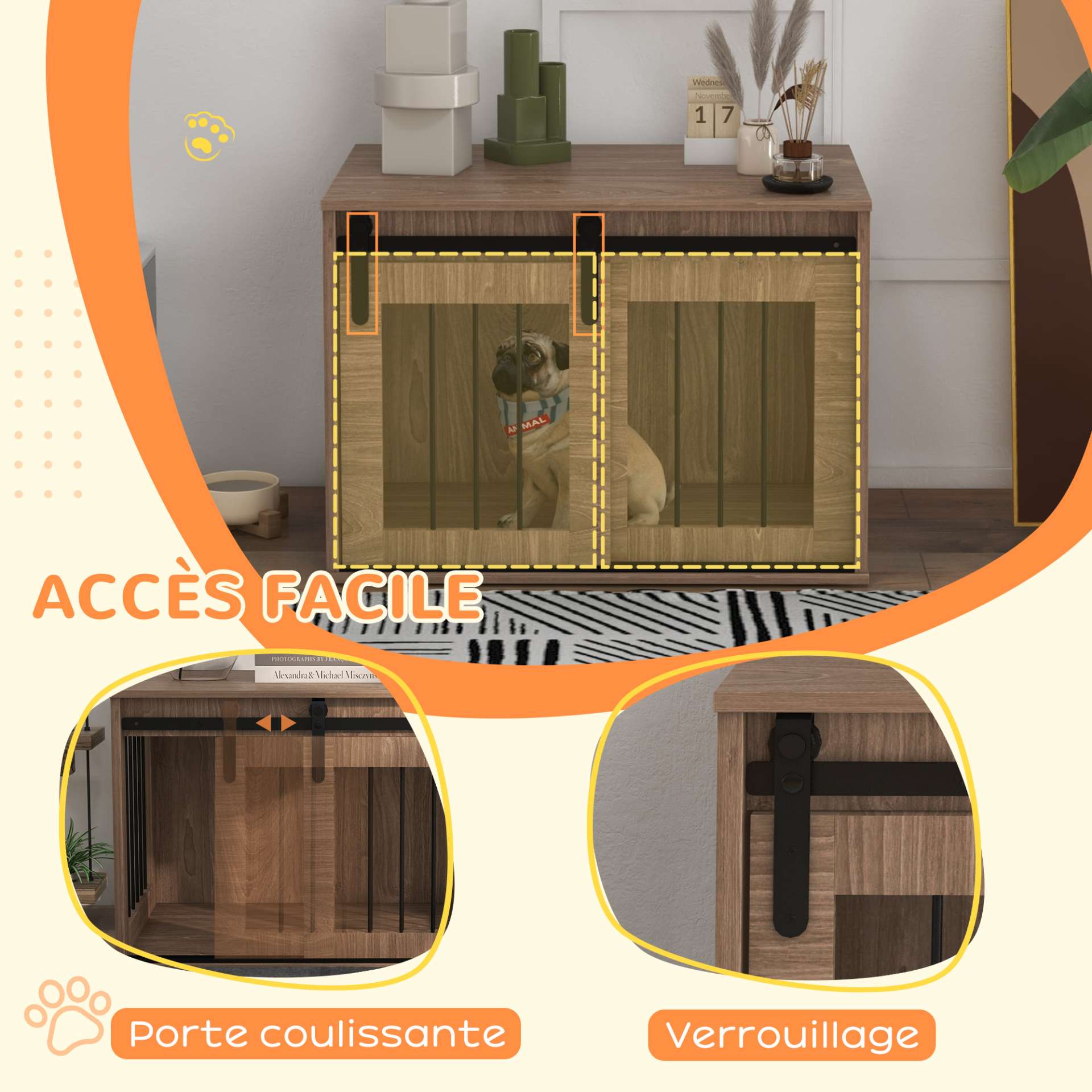 Cage caisse pour chien animaux intérieur porte coulissante, métal effet bois, dim. 57H x 80L x 54l cm - immagine 6