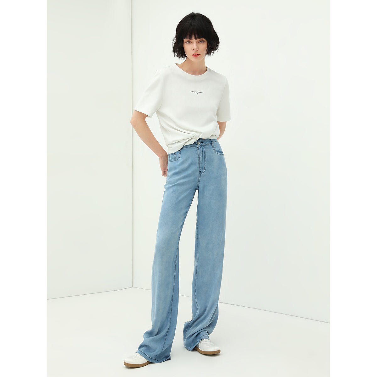 High Waist Draped Straight Leg Blue Jeans - immagine 2