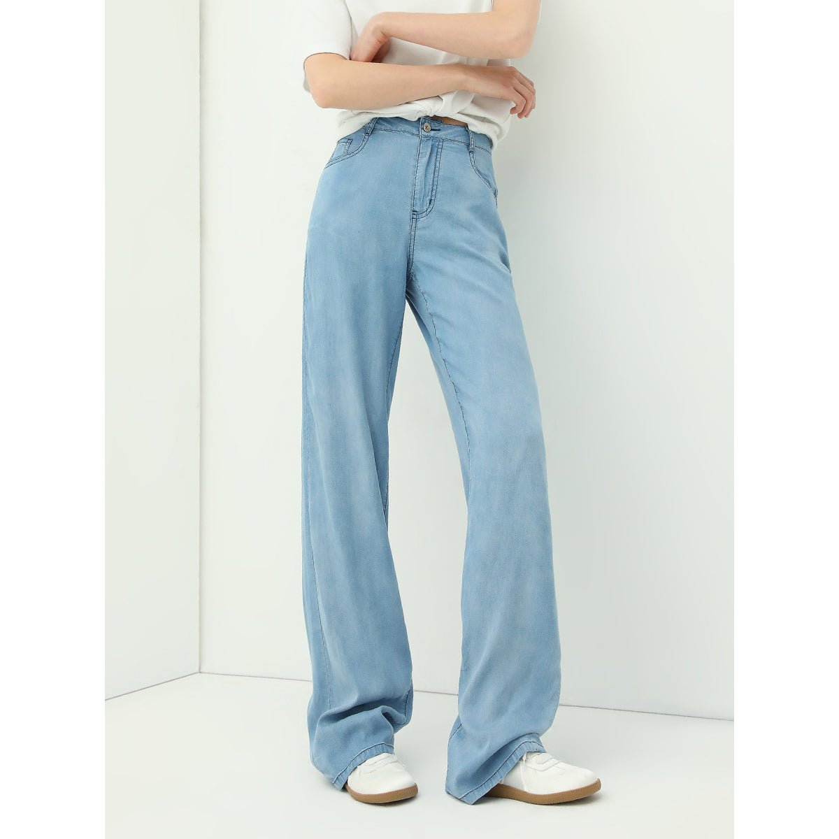 High Waist Draped Straight Leg Blue Jeans - immagine 3