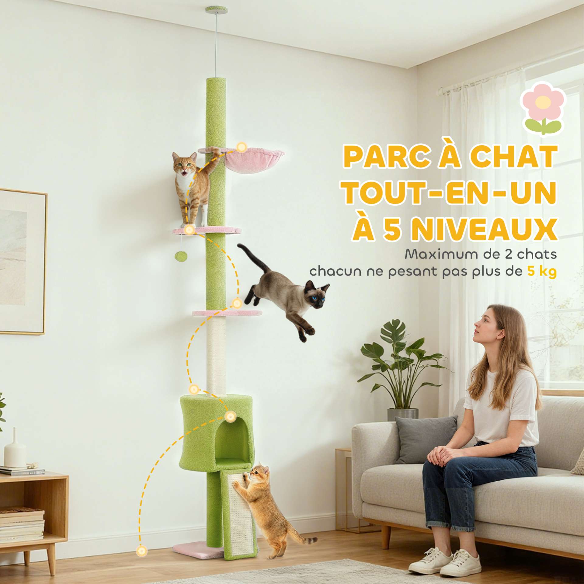 Arbre à chat du sol au plafond 5 niveaux hauteur réglable 220-240 cm plateformes fleur avec griffoir niche hamac vert - immagine 6